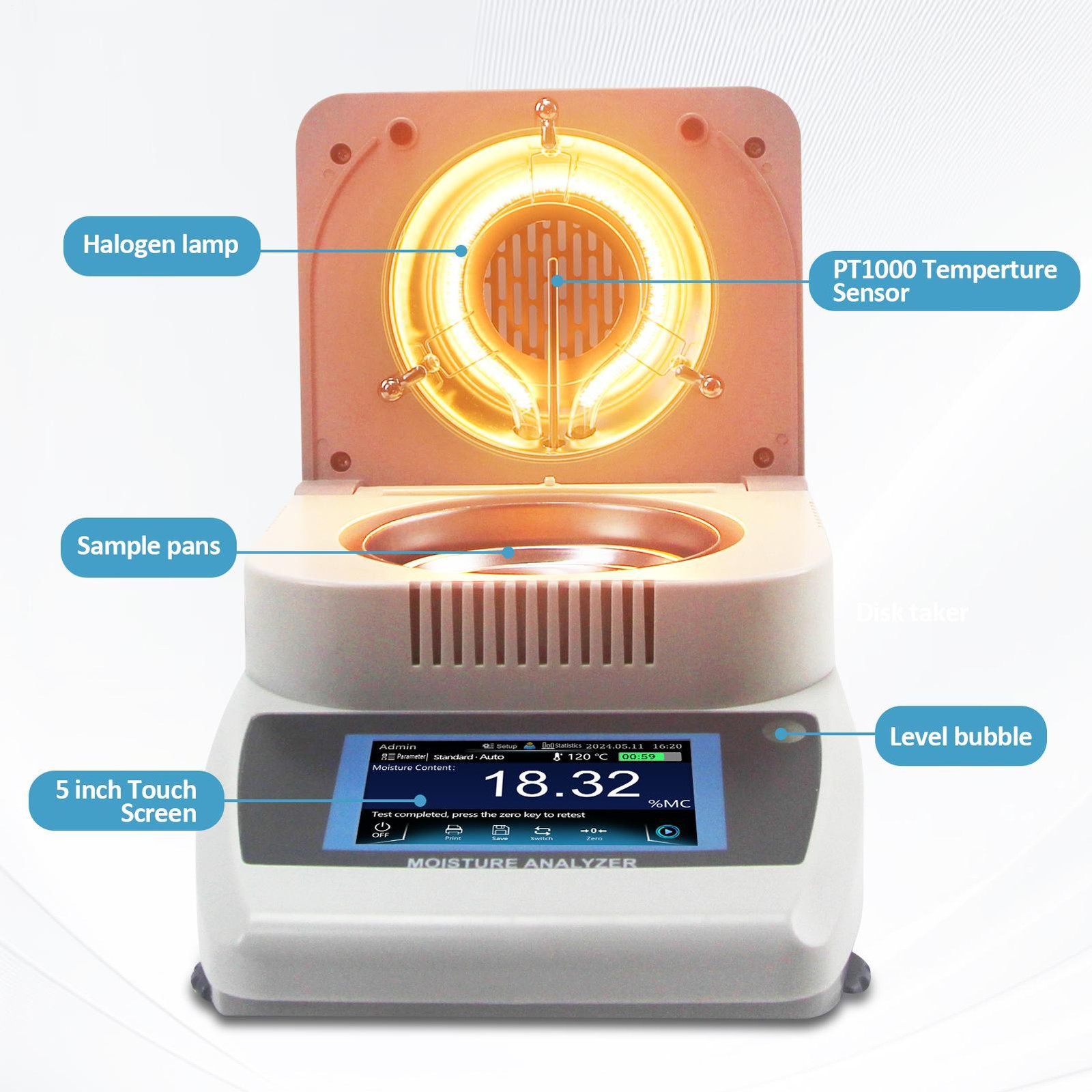 Moisture Analyzer 0.001 g 0.01% Readability 4.3-inch Touch Screen