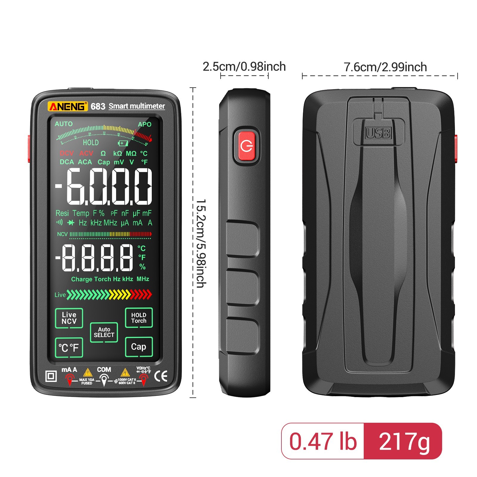 ANENG 683 Digital Multimeter True RMS 6000 Counts Touch Screen Rechargeable US