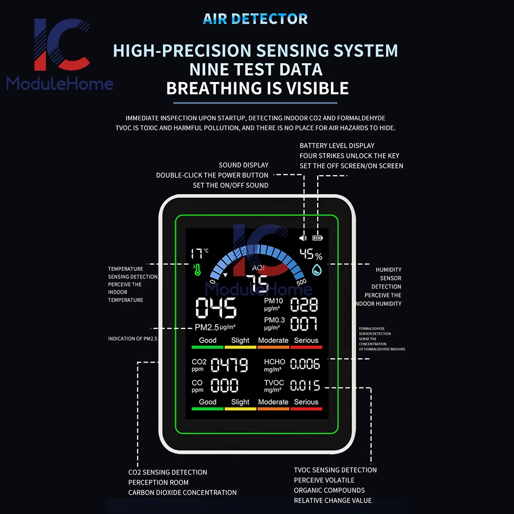 10-in-1 Air Quality Detector PM2.5 PM10 PM HCHO TVOC CO CO2 Formaldehyde Monitor