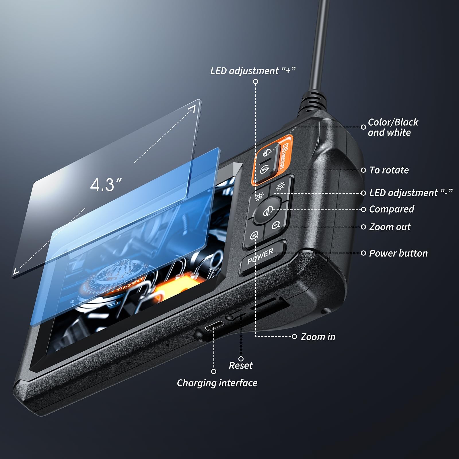 Endoscope Camera with Light, Inspection Borescope 4.3″ IPS orange