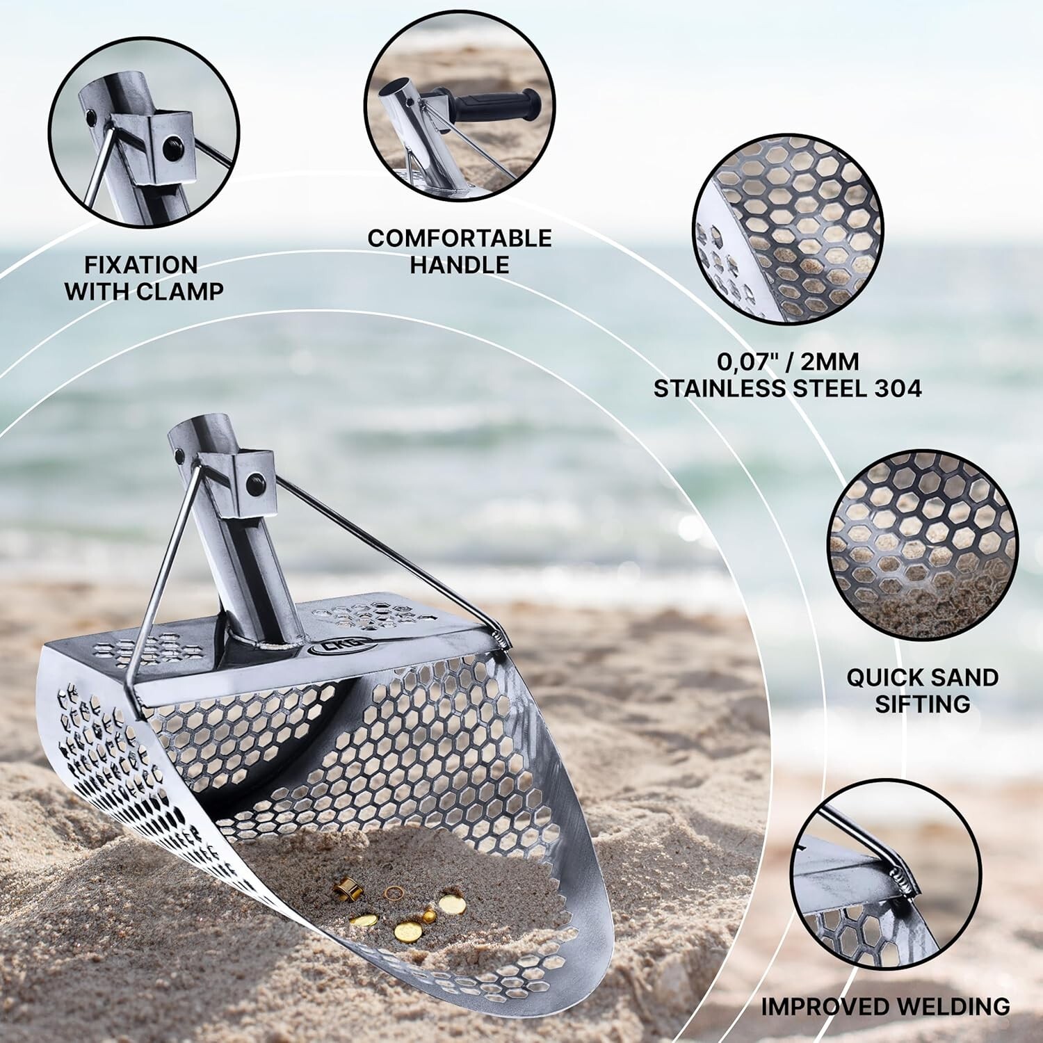 CKG Beach Sand Scoop Metal Detector Shovel Sifter Long Carbon Fiber Handle Pole