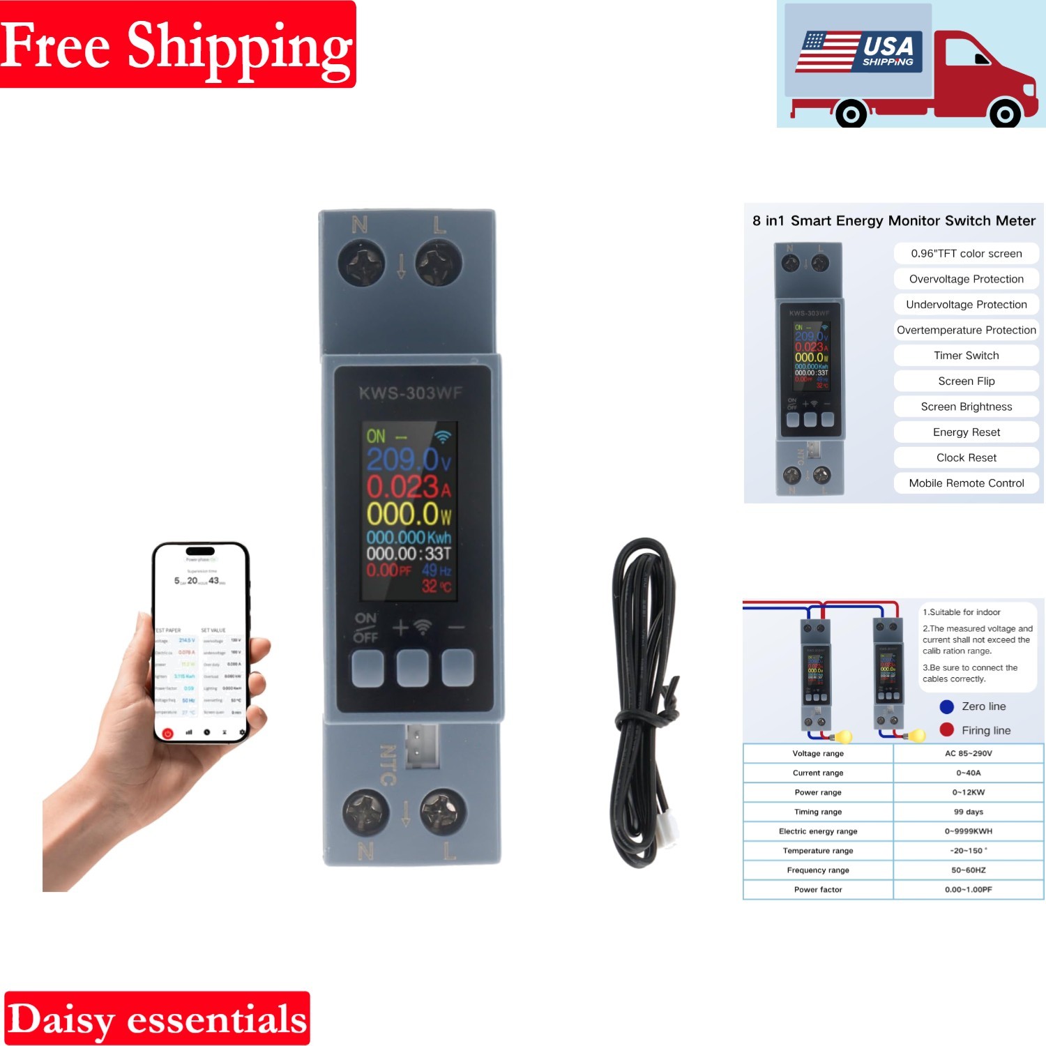 8-in-1 Digital Power Meter for Din Rail Smart Energy Monitor Voltage Current