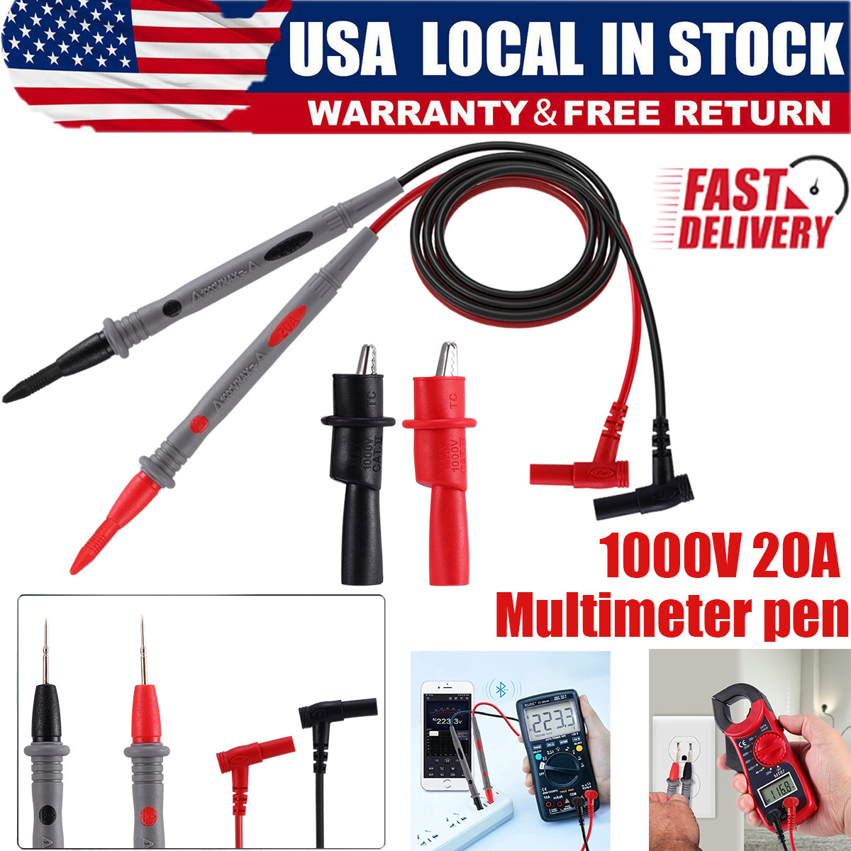 Brand New US Stock 20A 1000V Multimeter Test Leads Kit with Alligator Clips