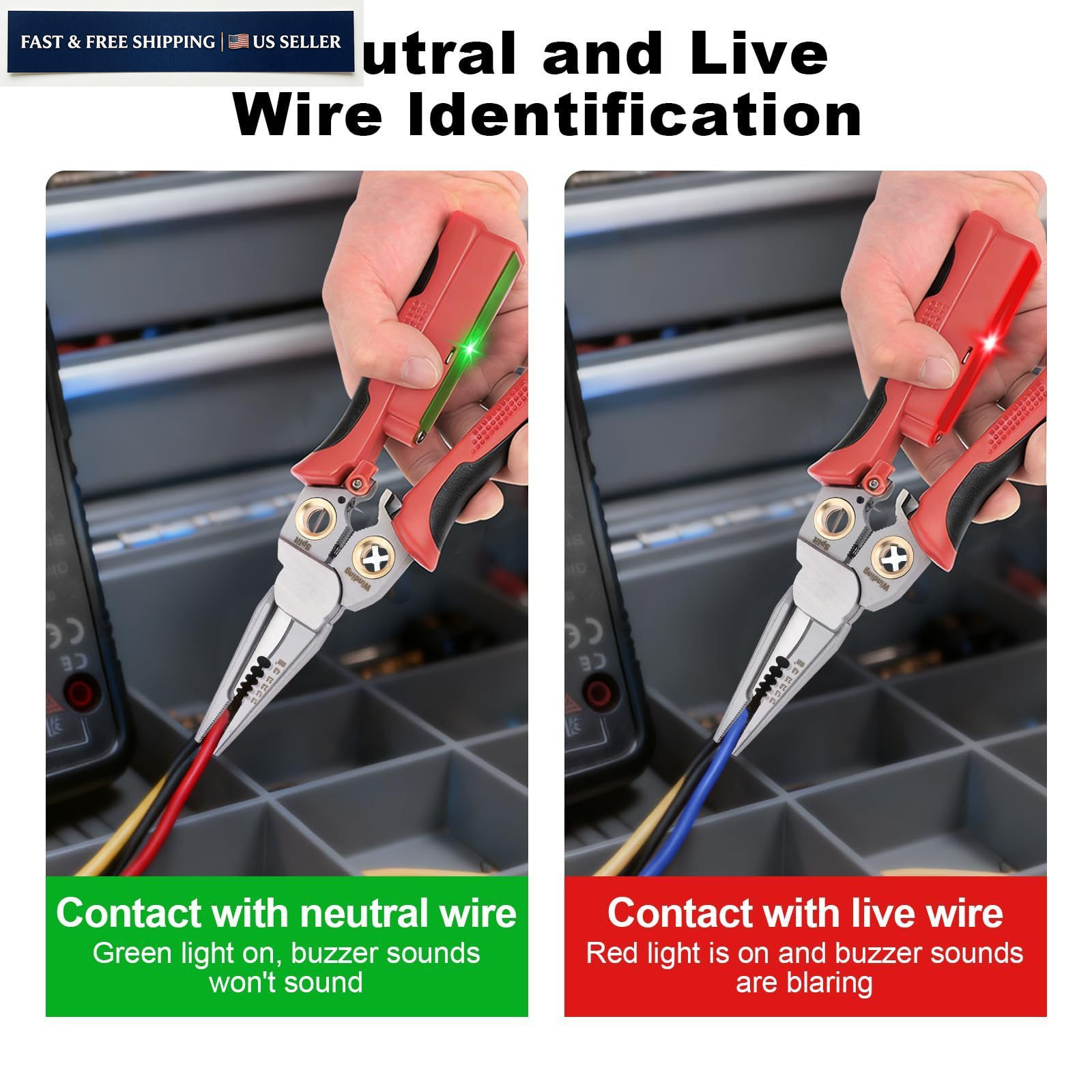 JEJIEFI Pro 8-in-1 Wire Stripping Pliers with Voltage Tester for Red