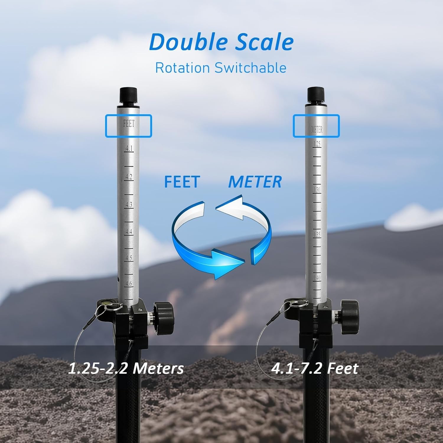 2.2M GPS Pole for RTK RoverSurvey Double Scale Meter and Feet for Trimble,Topcon