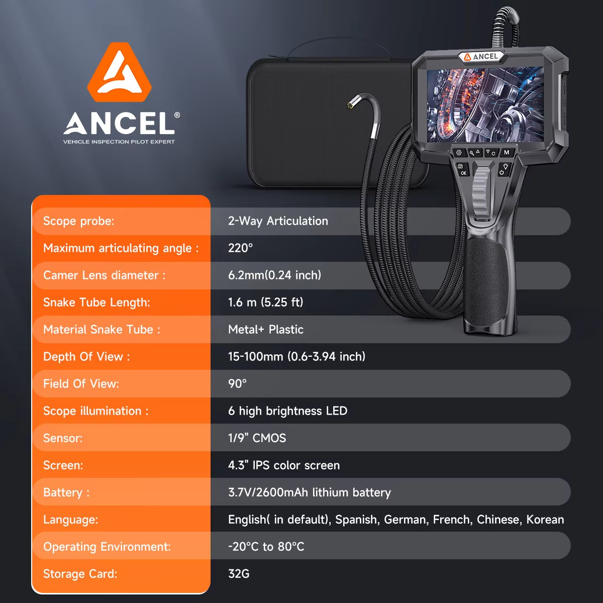 Industrial Borescope Inspection Snake Camera HD 4.3inch Screen Endoscope 6.2mm