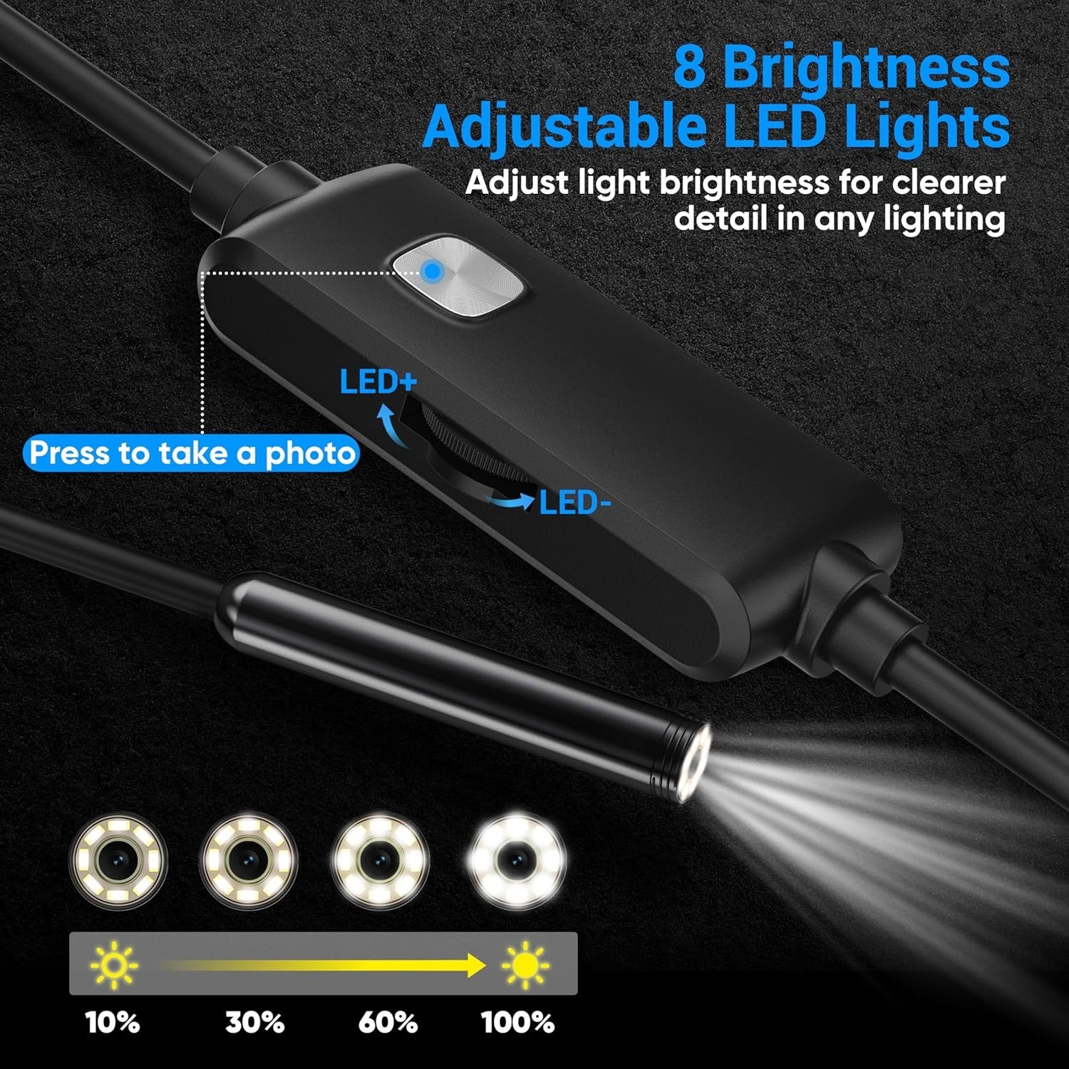Endoscope Camera, 1920P HD, 16.4ft Semi-Rigid Cable, 8 LED, IP67 Waterproof