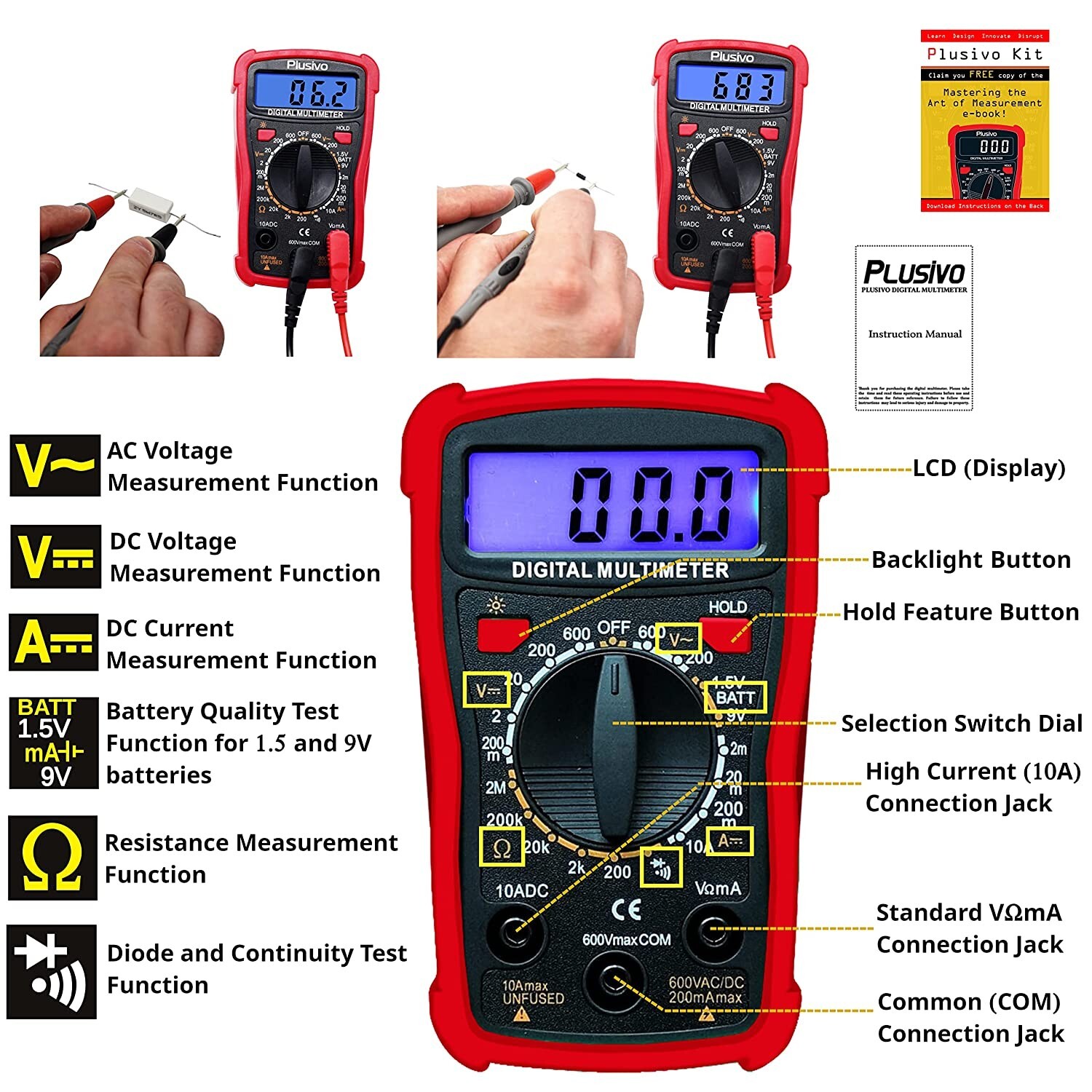 Plusivo Multimetro Digital Professional Automotriz Voltimetro Amperimetro Carro