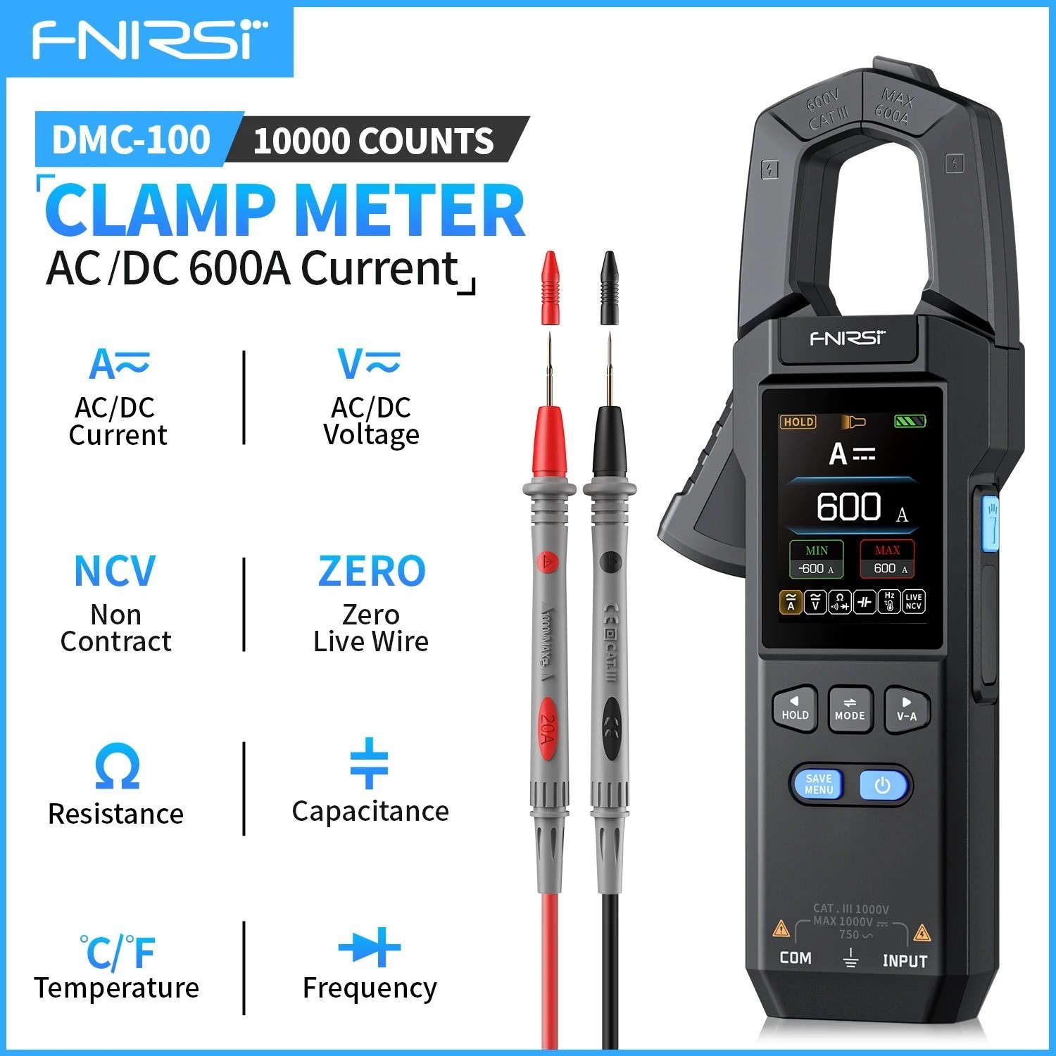 FNIRSI DMC-100 Clamp Meter 10000 Counts TRMS AC DC 600A Digital Multimeter USB