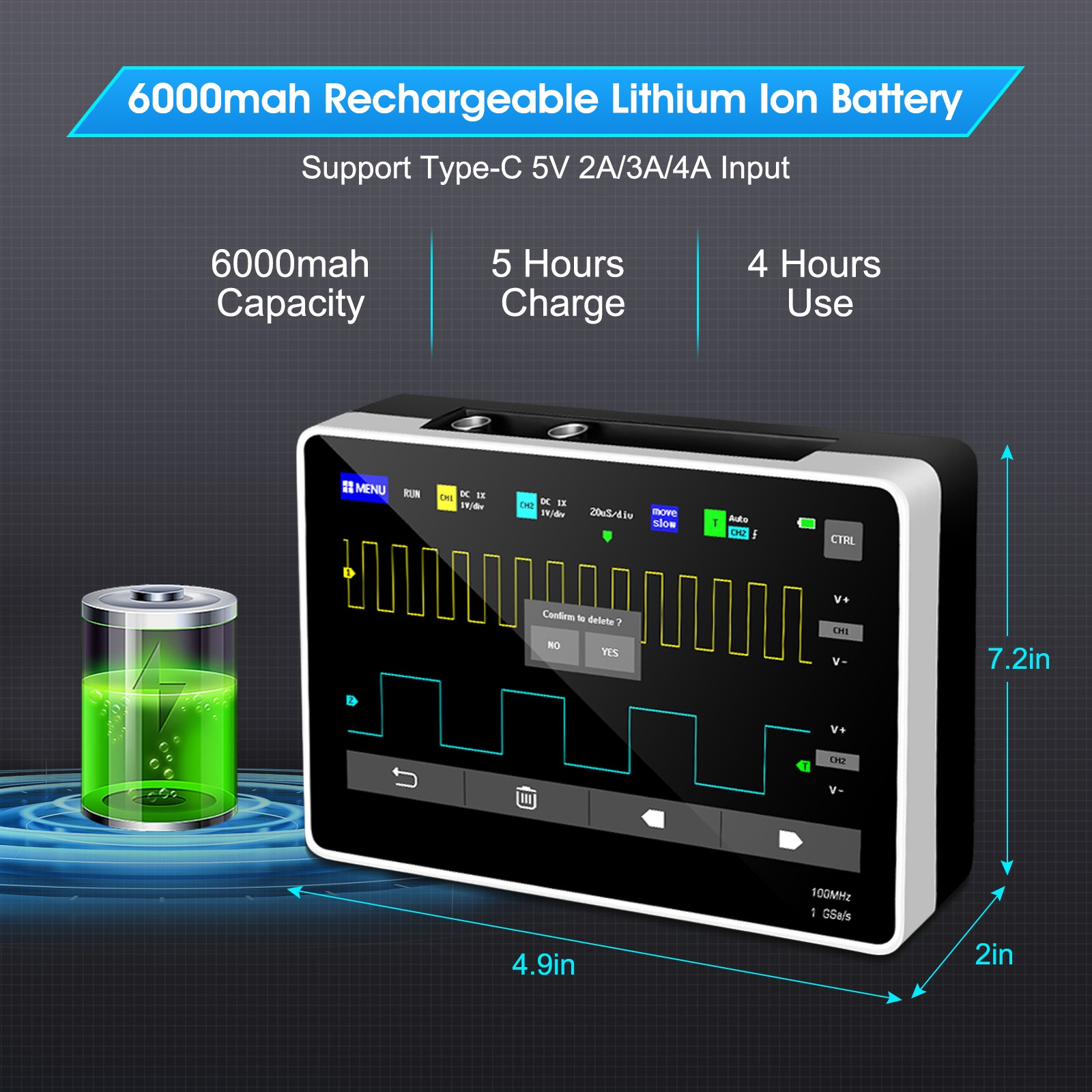 Portable 7″ Touchscreen Tablet Digital Oscilloscope 2CH 100MHz 1GSa/s 1GB Memory