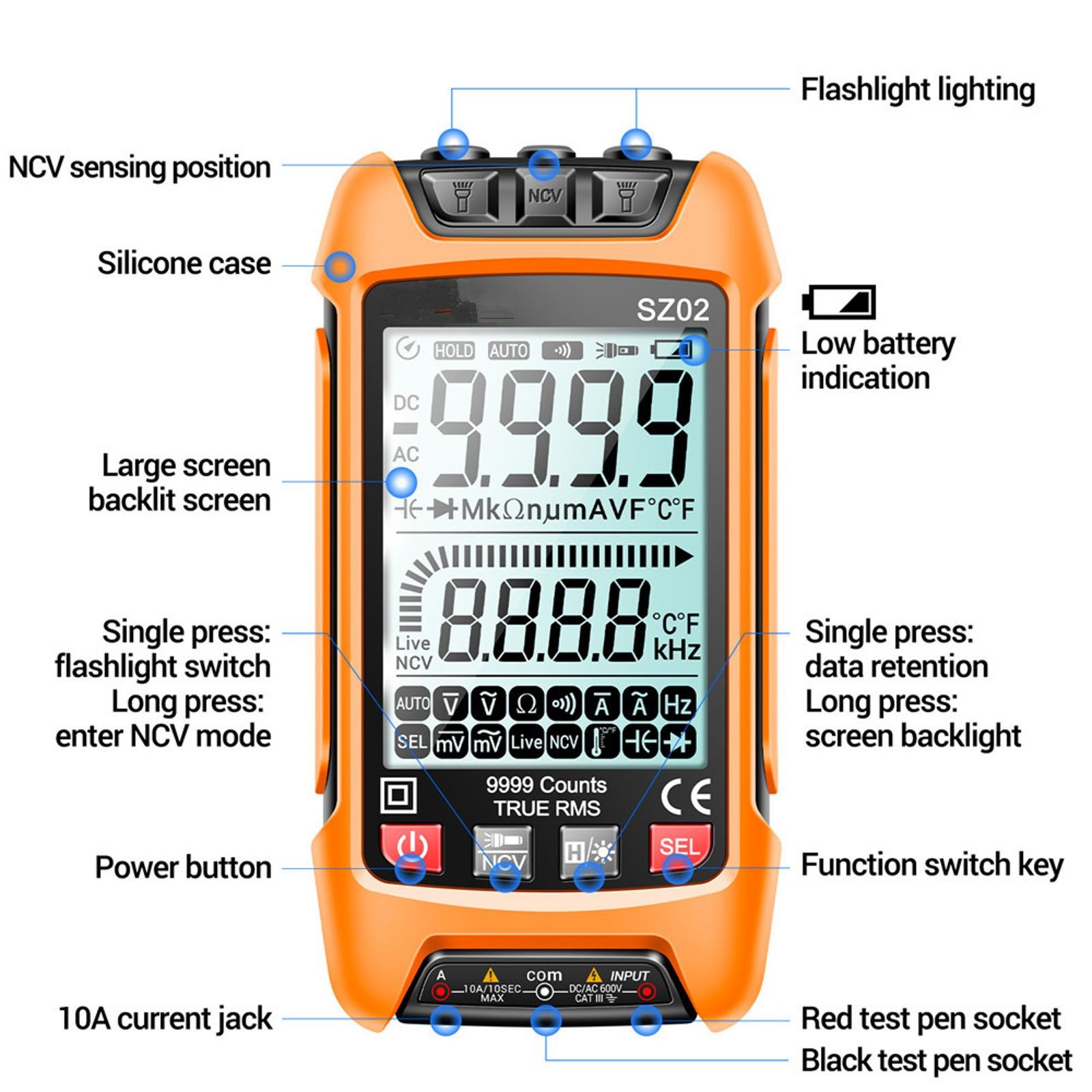 Smart Digital Multimeter 9999 Counts True RMS Auto Electrical Capacitance Meter/