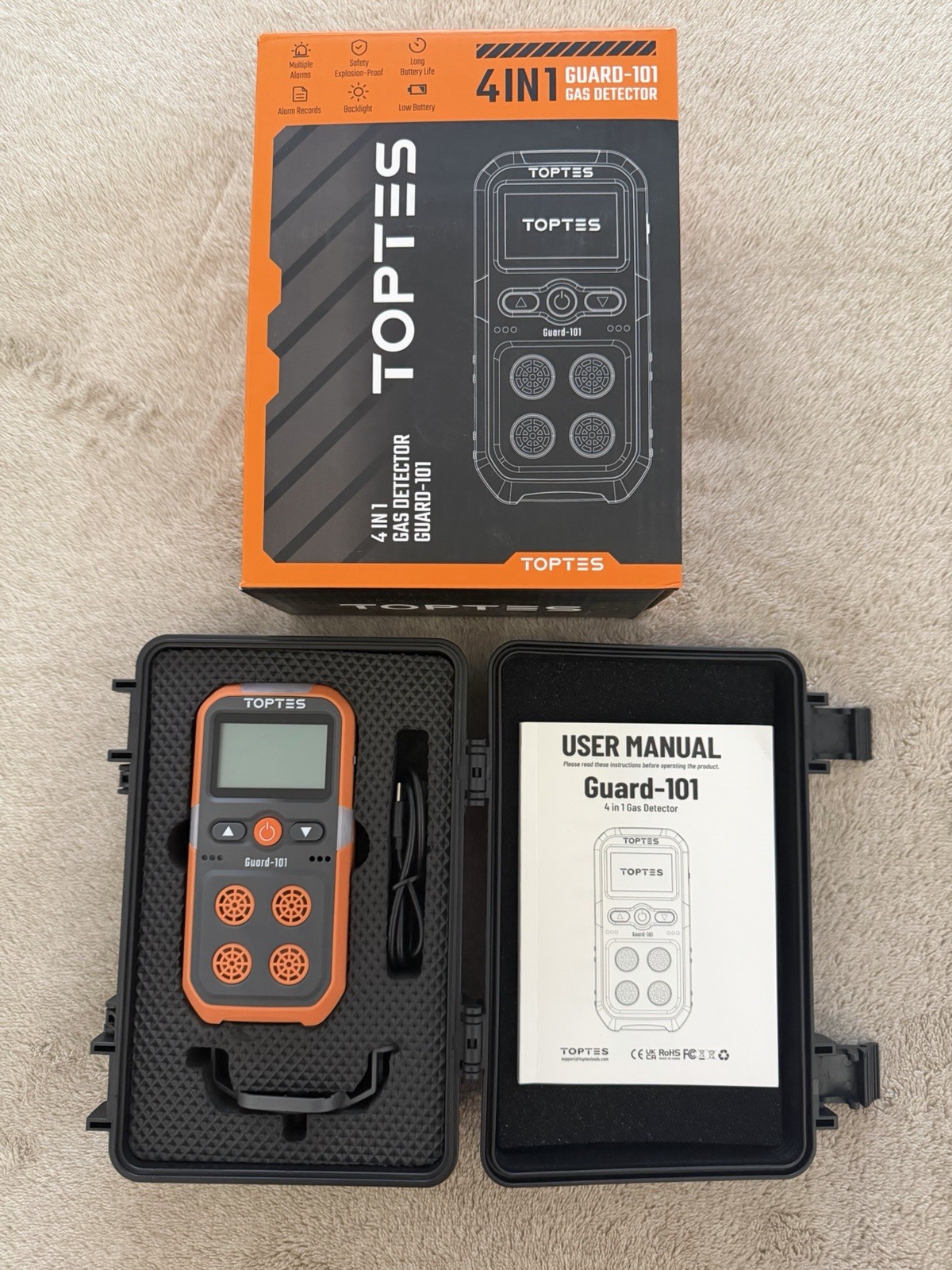 TopTes Guard-101 Gas Detector 4 Gas Monitor For HS2 CO LEL & O2 Orange NEW
