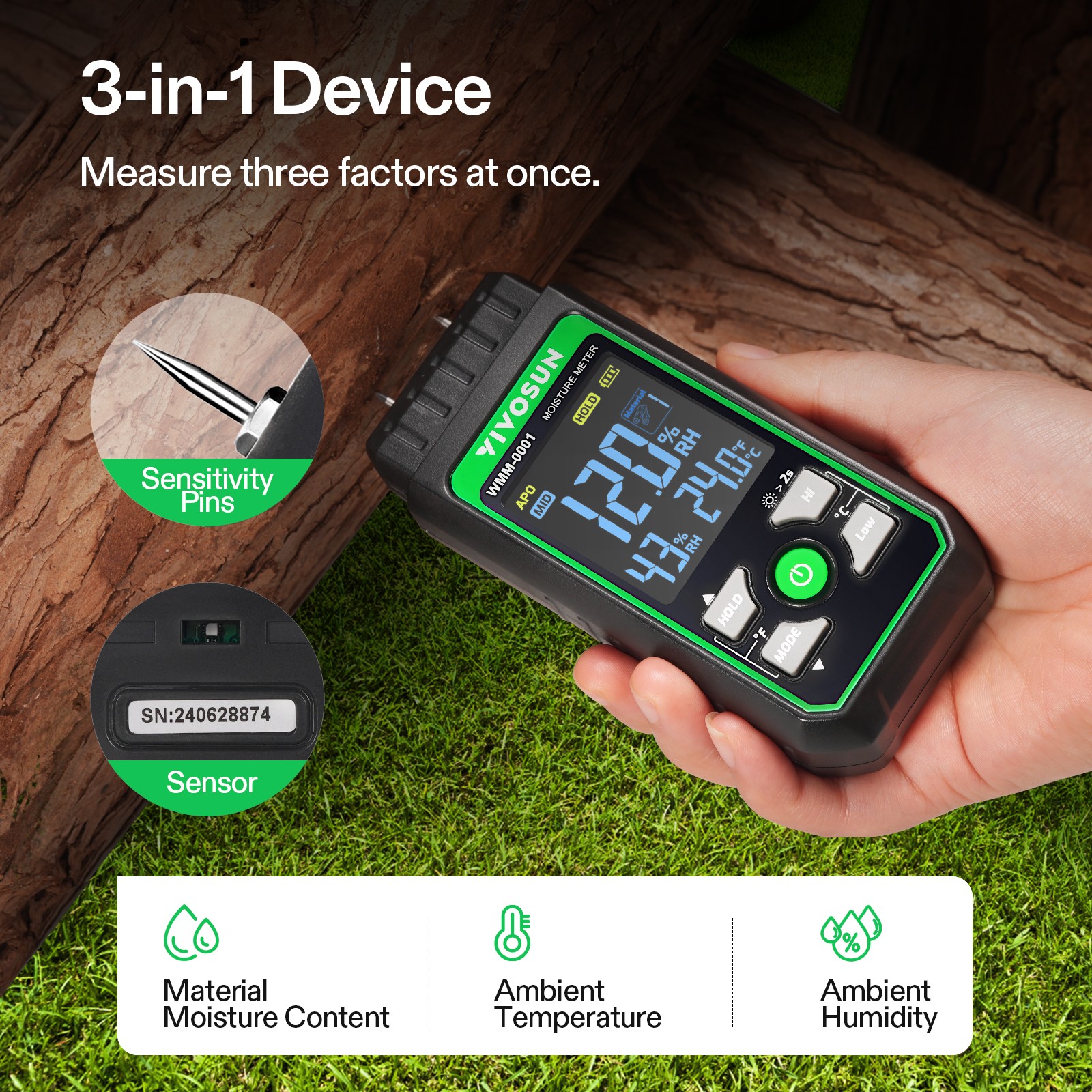 VIVOSUN Wood Moisture Meter LCD Digital Moisture Tester 7 Modes Locks Readings