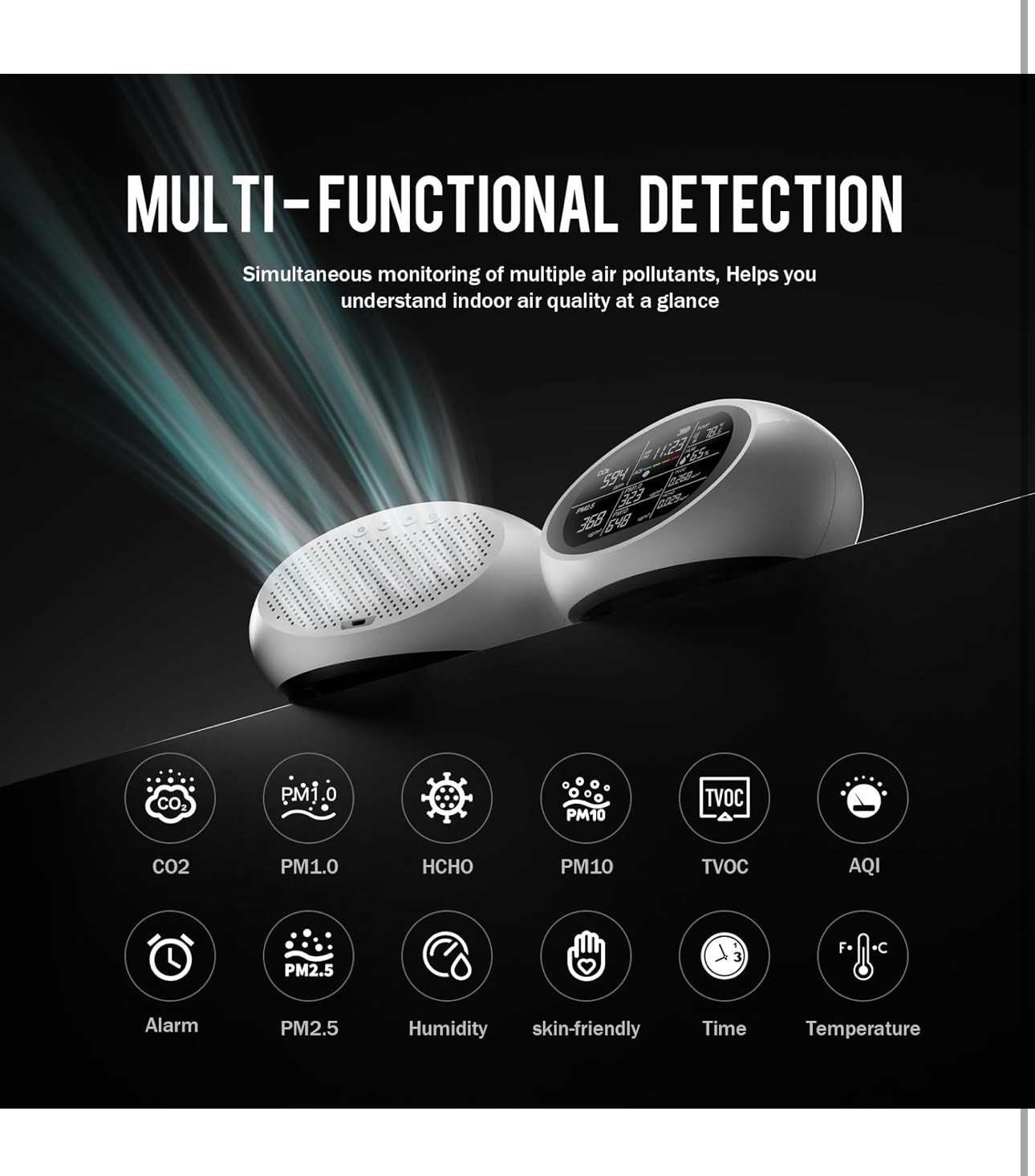 12-in-1 Portable Indoor Air Quality Monitor for CO2, PM, TVOC, Temp & Humidity
