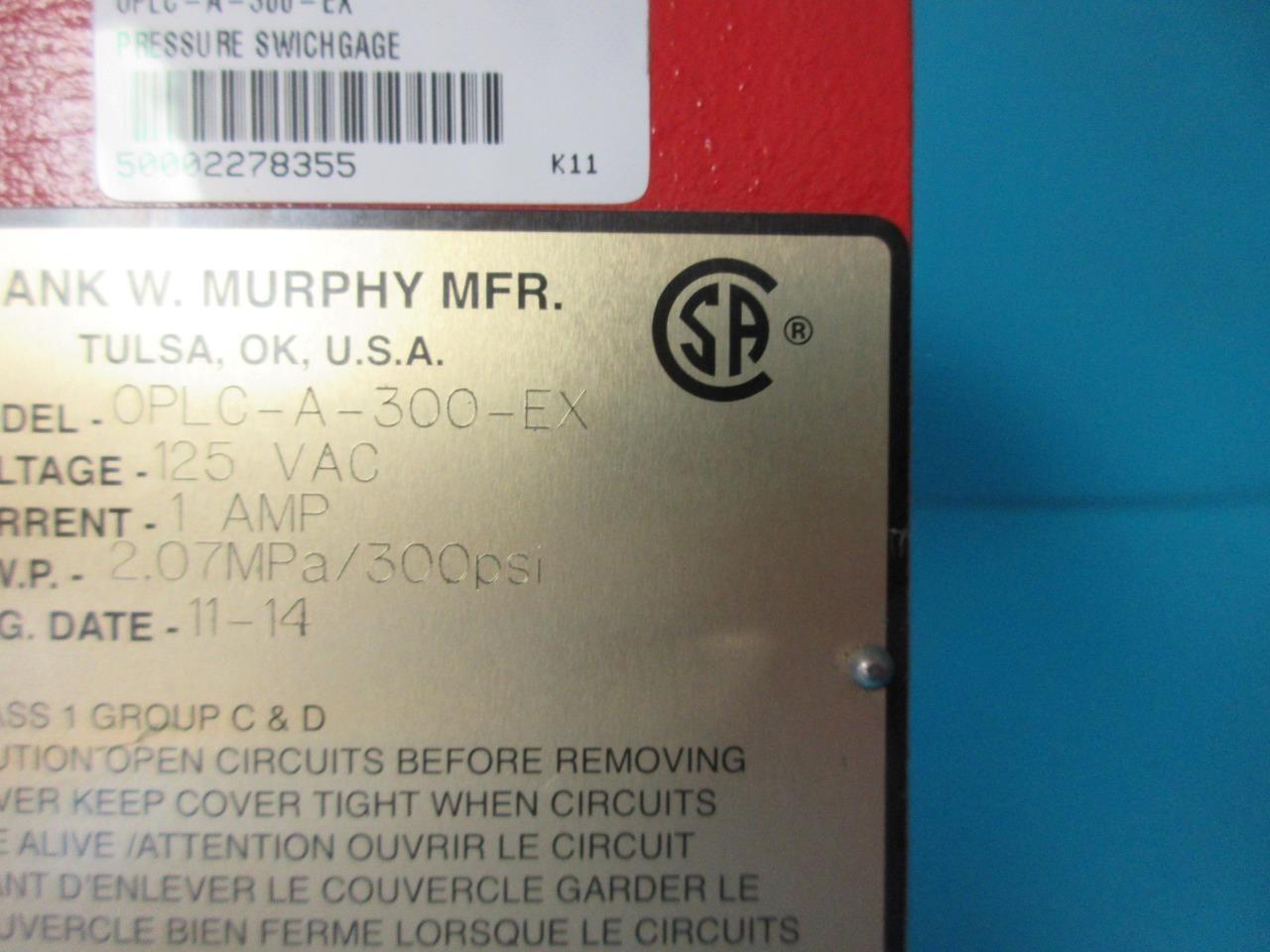 MURPHY EXPLOSION-PROOF PRESSURE SWITCHGAUGE OPLC-A-300-EX 125V 1A 300PSI/2.07MPA
