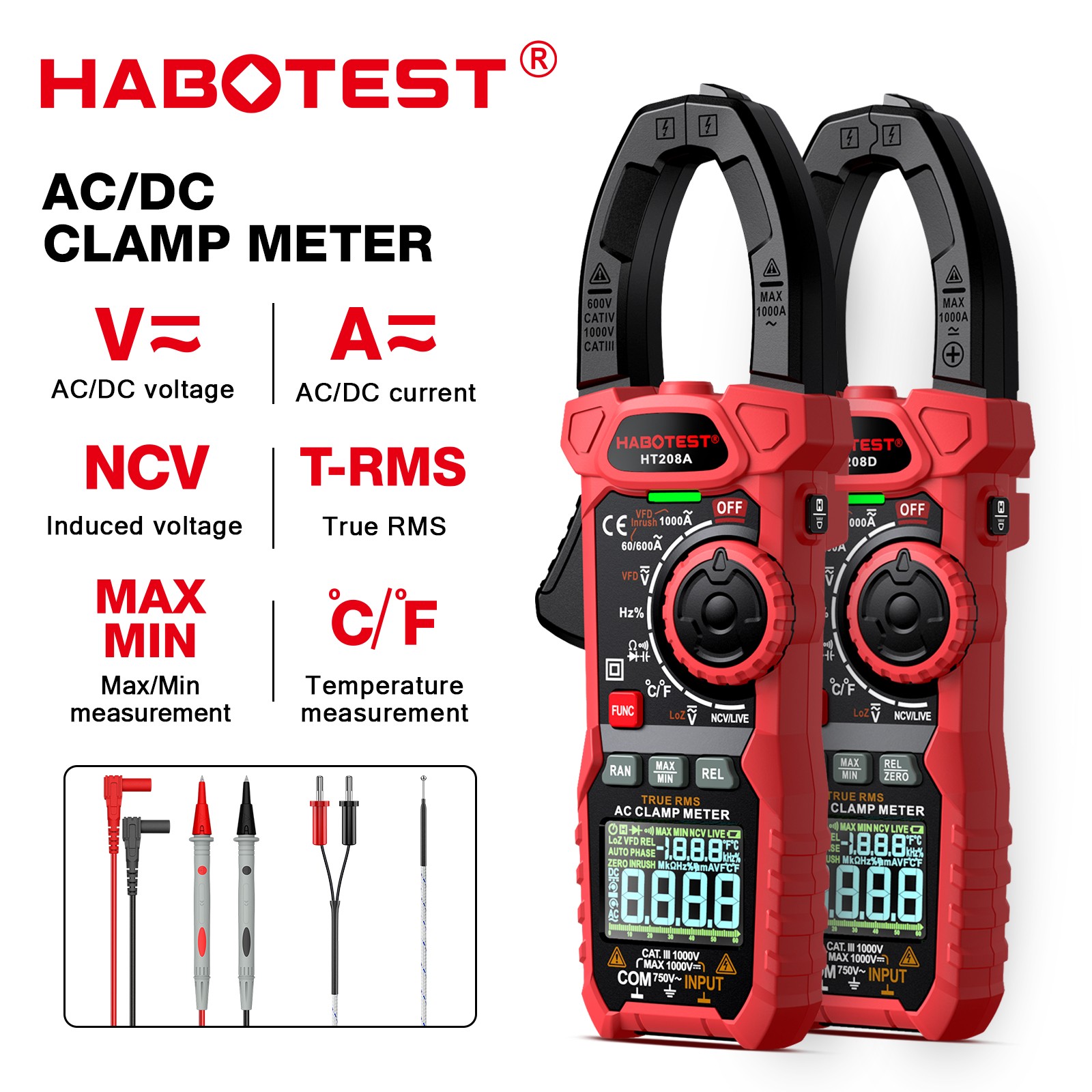 HABOTEST HT208D Digital Clamp Multimeter Volt Am Ohm Tester True RMS Battery