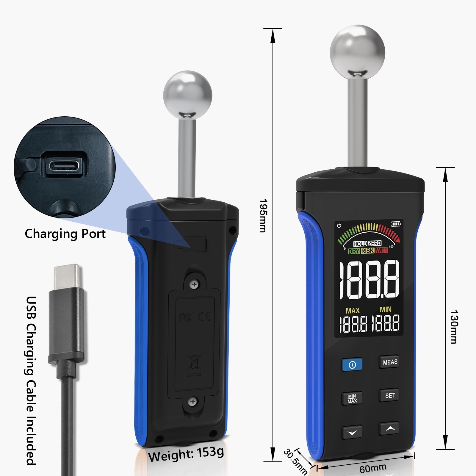 Pinless Moisture Meter with Ball Probe for Non-Destructive Area Scans Wood Walls