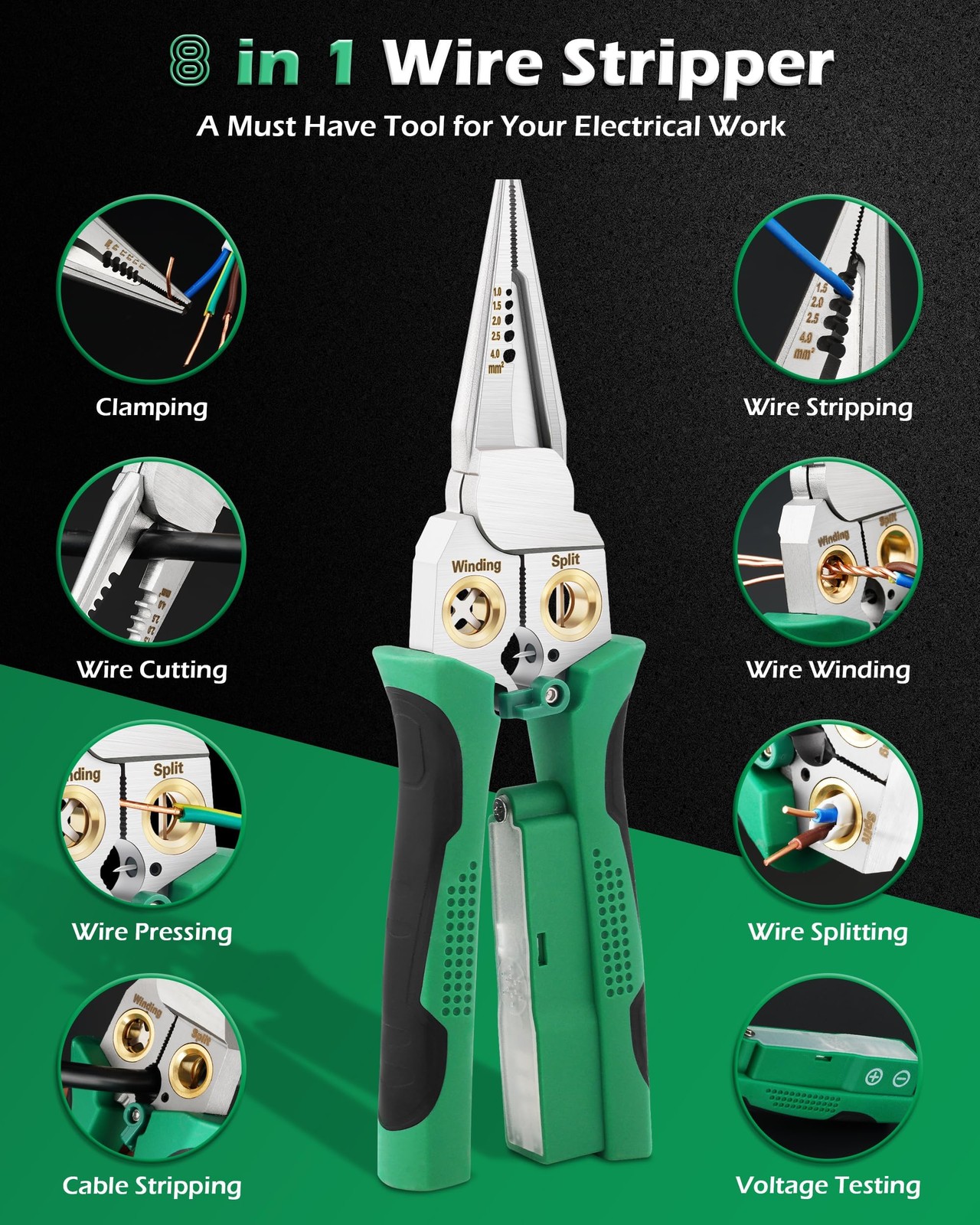 FAITIO 8 In 1 Wire Stripper with Voltage Tester, Strippers/Crimper Green