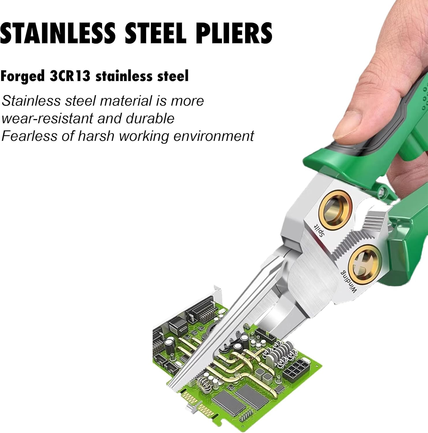 8-in-1 Wire Stripper for Electrician: Needle Nose Pliers with Voltage Green