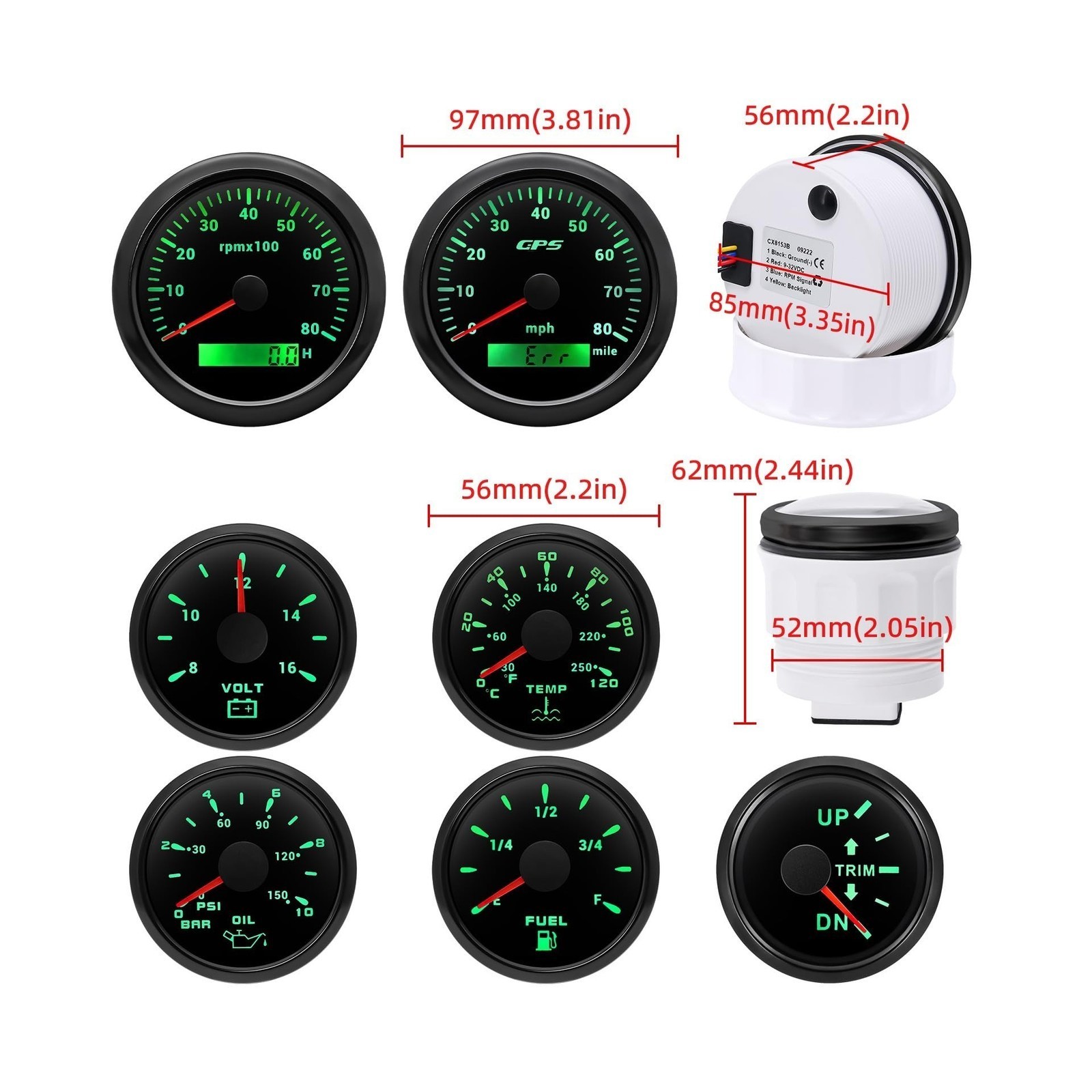 7 Gauge Set w/ GPS Speedometer, Tachometer – Marine Boat Gauge Black