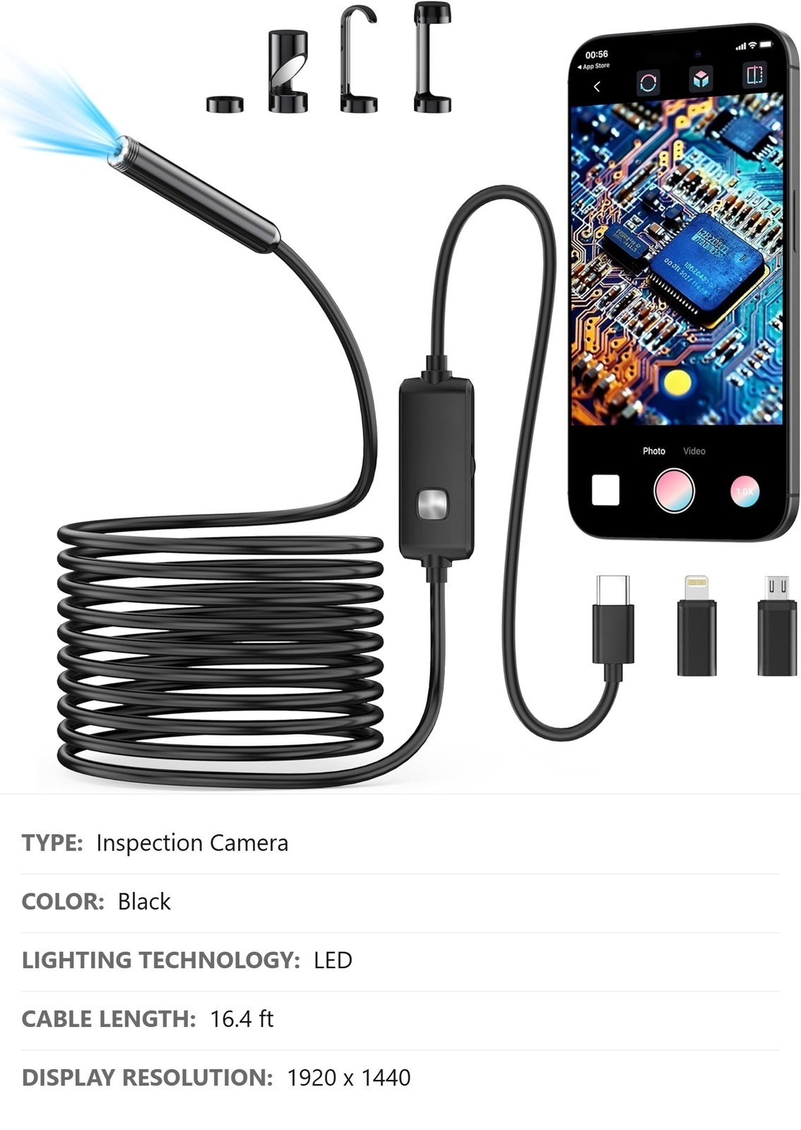 Endoscope Camera, 1920P HD, 16.4ft Semi-Rigid Cable, 8 LED, IP67 Waterproof