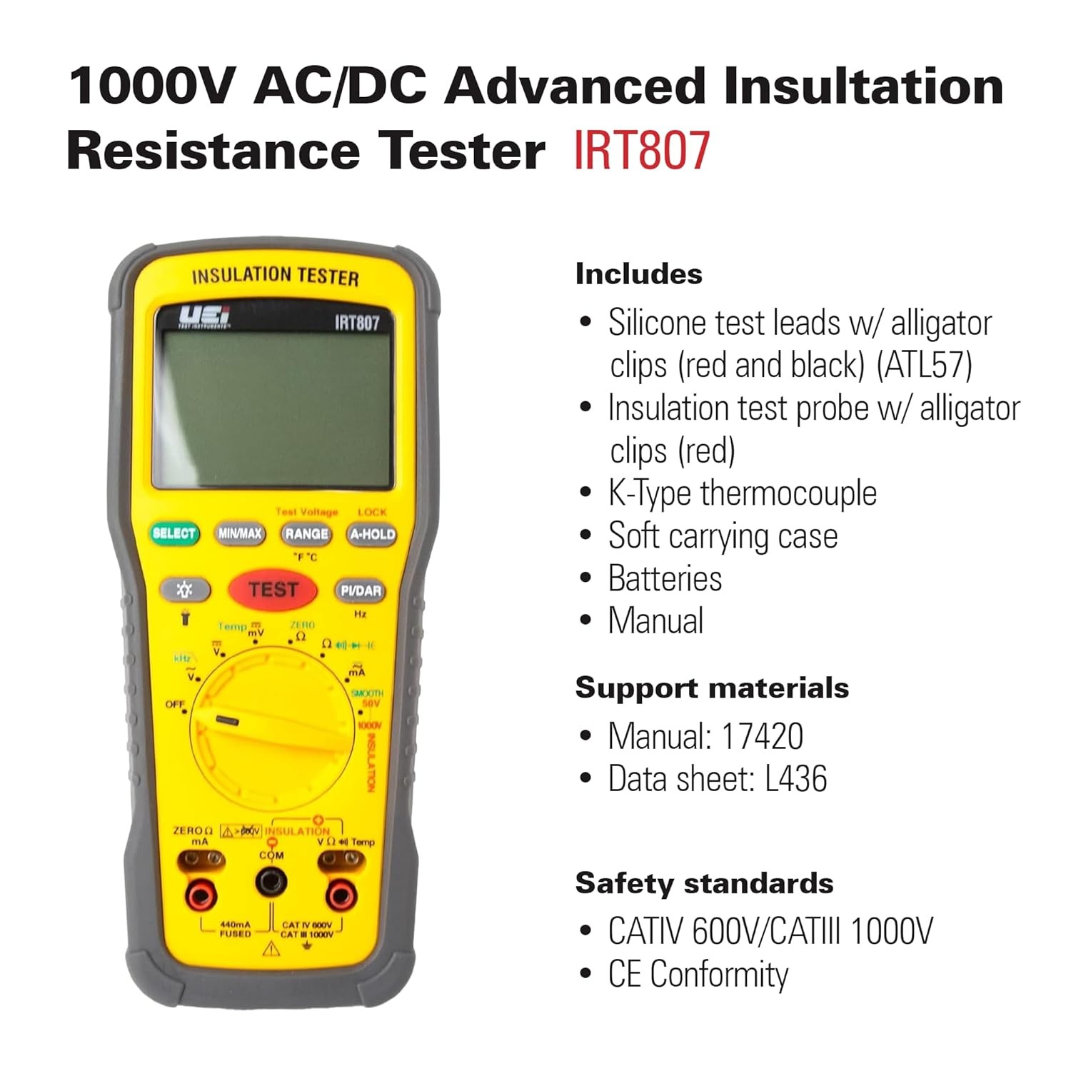 Uei IRT807 Insulation Resistance Tester 1000V AC/DC, Advanced Megohmmeter Measur