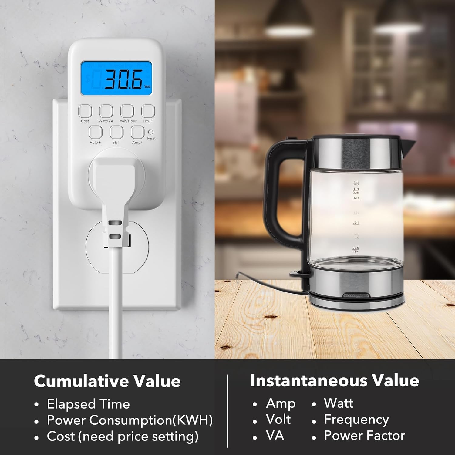 Watt Meter Plug with Backlight, Plug-In Socket Power Meter Electricity Usage Mon
