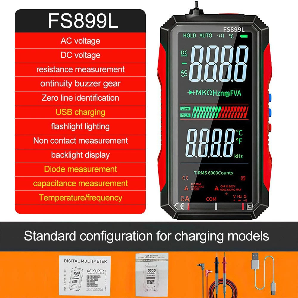 FS899L Digital Multimeter with Color Screen & Storage Case, USB C Rechargeable