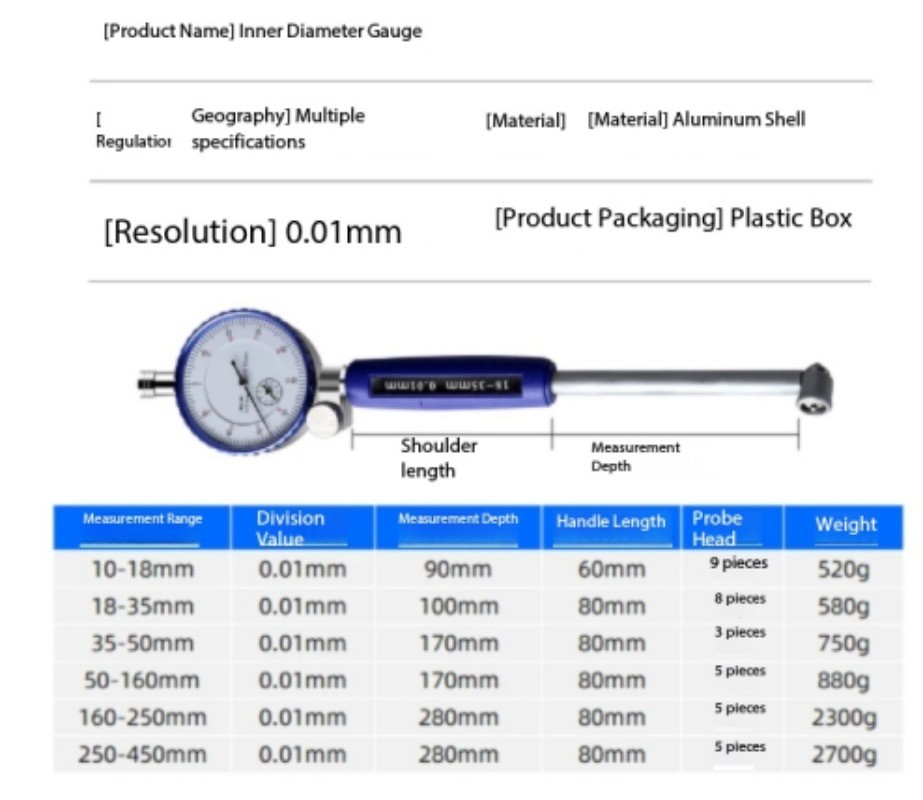 Internal Diameter Dial Gauge CylinderGauge Dial GaugeSet for MeasuringCylinders