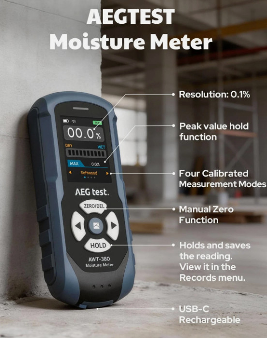 AWT-380 Rechargeable Pinless Moisture Meter for Wood, Drywall & Masonry, Wood…