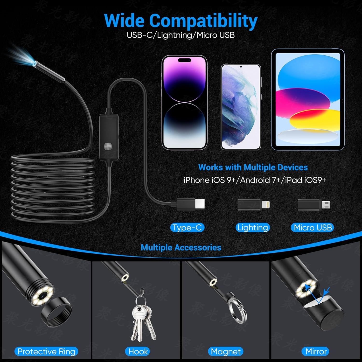 Endoscope Camera, 1920P HD, 16.4ft Semi-Rigid Cable, 8 LED, IP67 Waterproof
