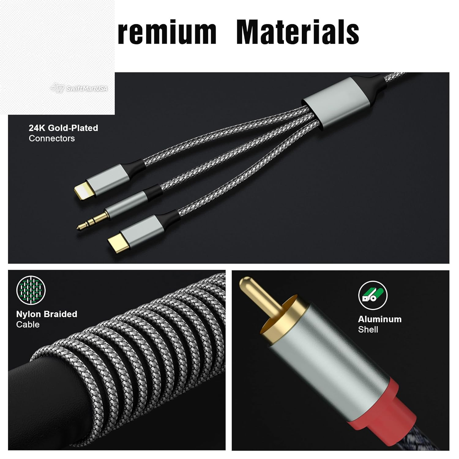 3 in 1 RCA Audio Cable Lightning USB-C 3.5mm Aux to 2 RCA Amp Home Theater 4.2Ft