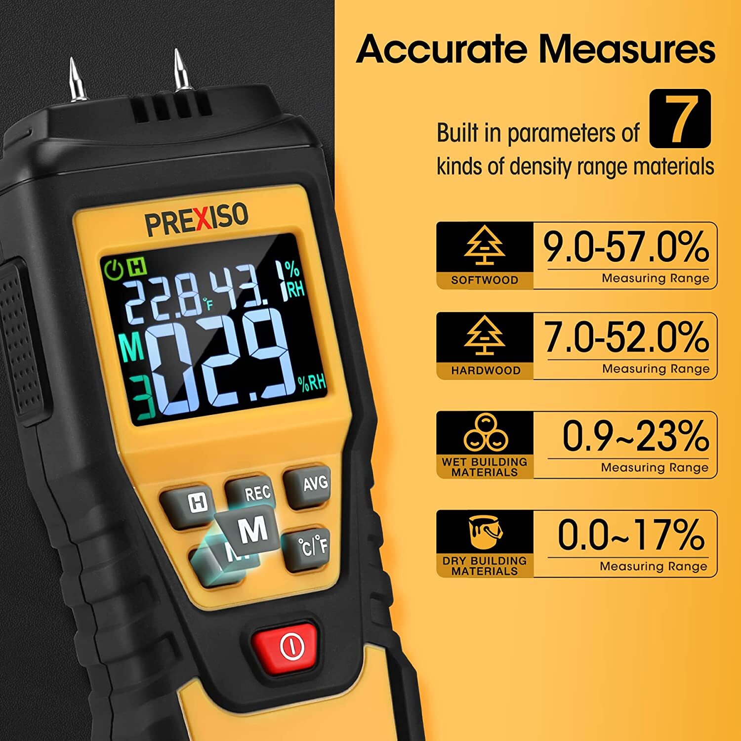 PREXISO Wood Moisture Meter 7IN1Digital Moisture Reader for Firewood Woodworking