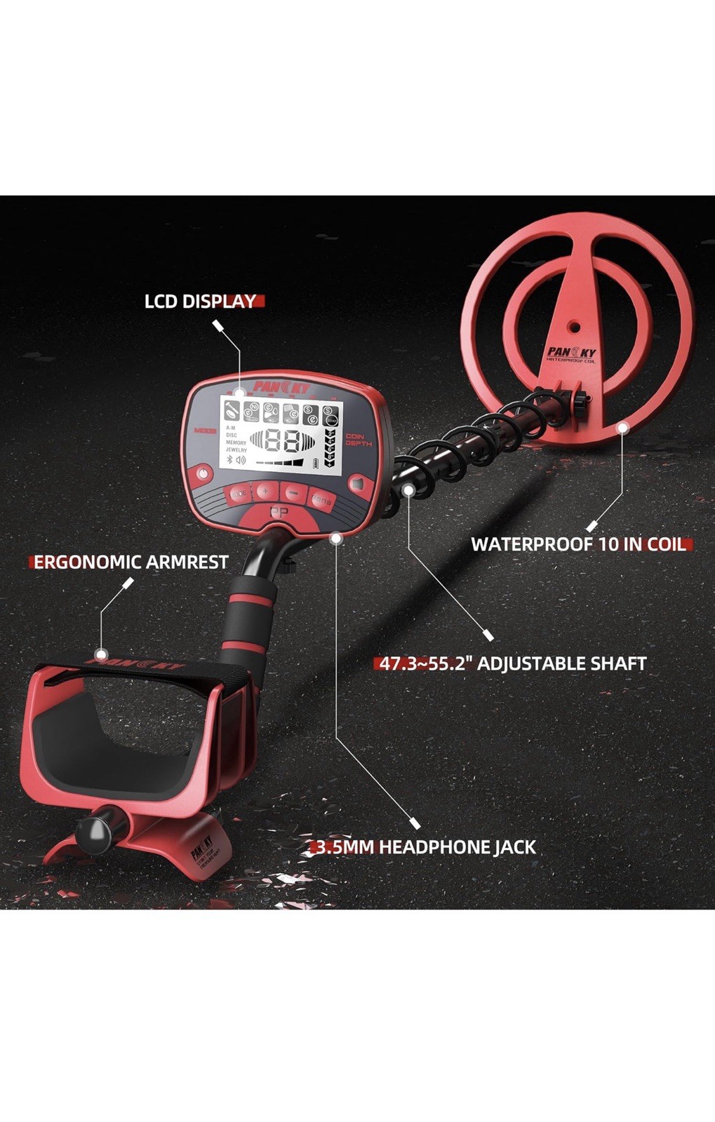 PANKY Metal Detector Waterproof Coil LCD Display Adjustable Shaft Headphone Jack