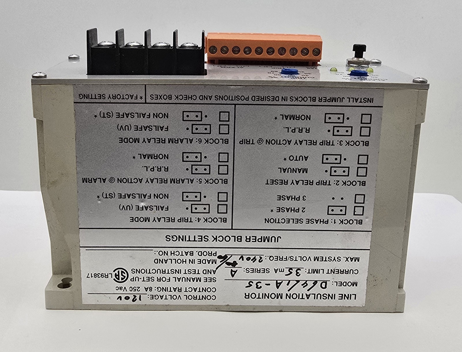 Cutler Hammer D64L1A-35 Current Limit Line Insulation Monitor 35mA