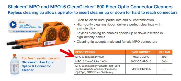 Sticklers MPO MTP 600+ MCC-CCMPO Cleanclicker for Male/Female ARRAY’s w/o pins