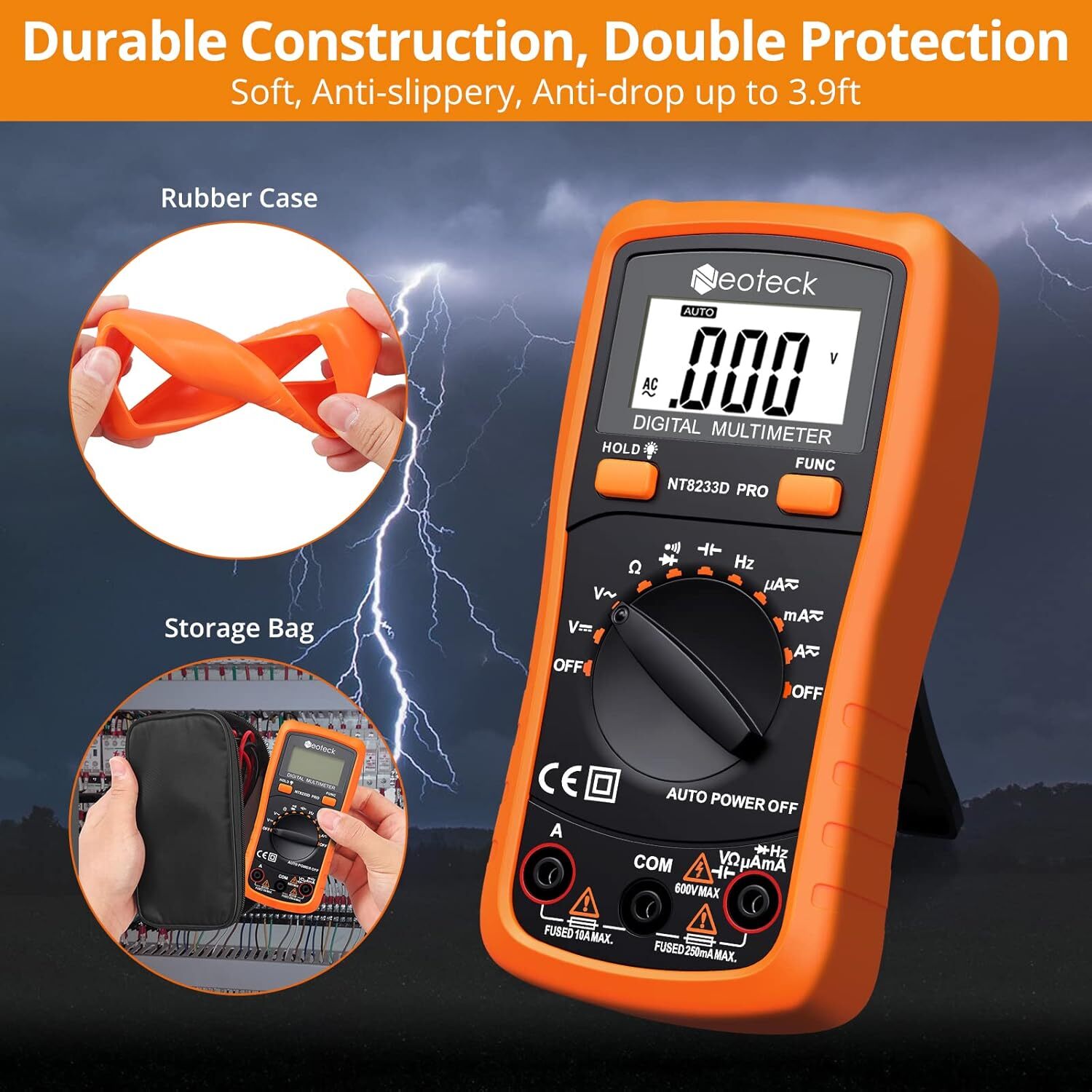 Neoteck 8233D Pro Pocket Digital Multimeter Orange 2000 Counts Backlit Display