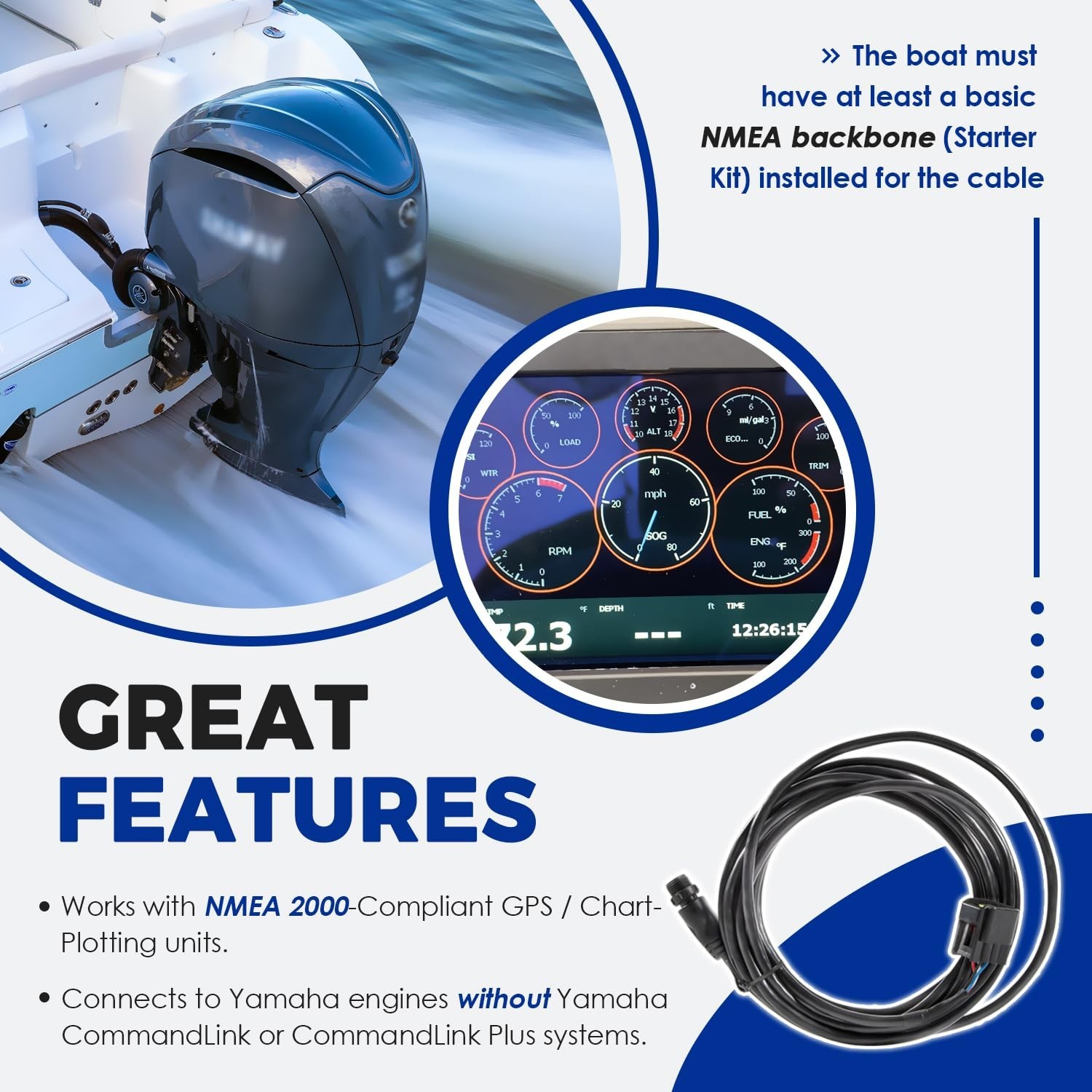 Yamaha Engine Interface Cable with T-Connector for NMEA 2000 (4.5M/15Ft)