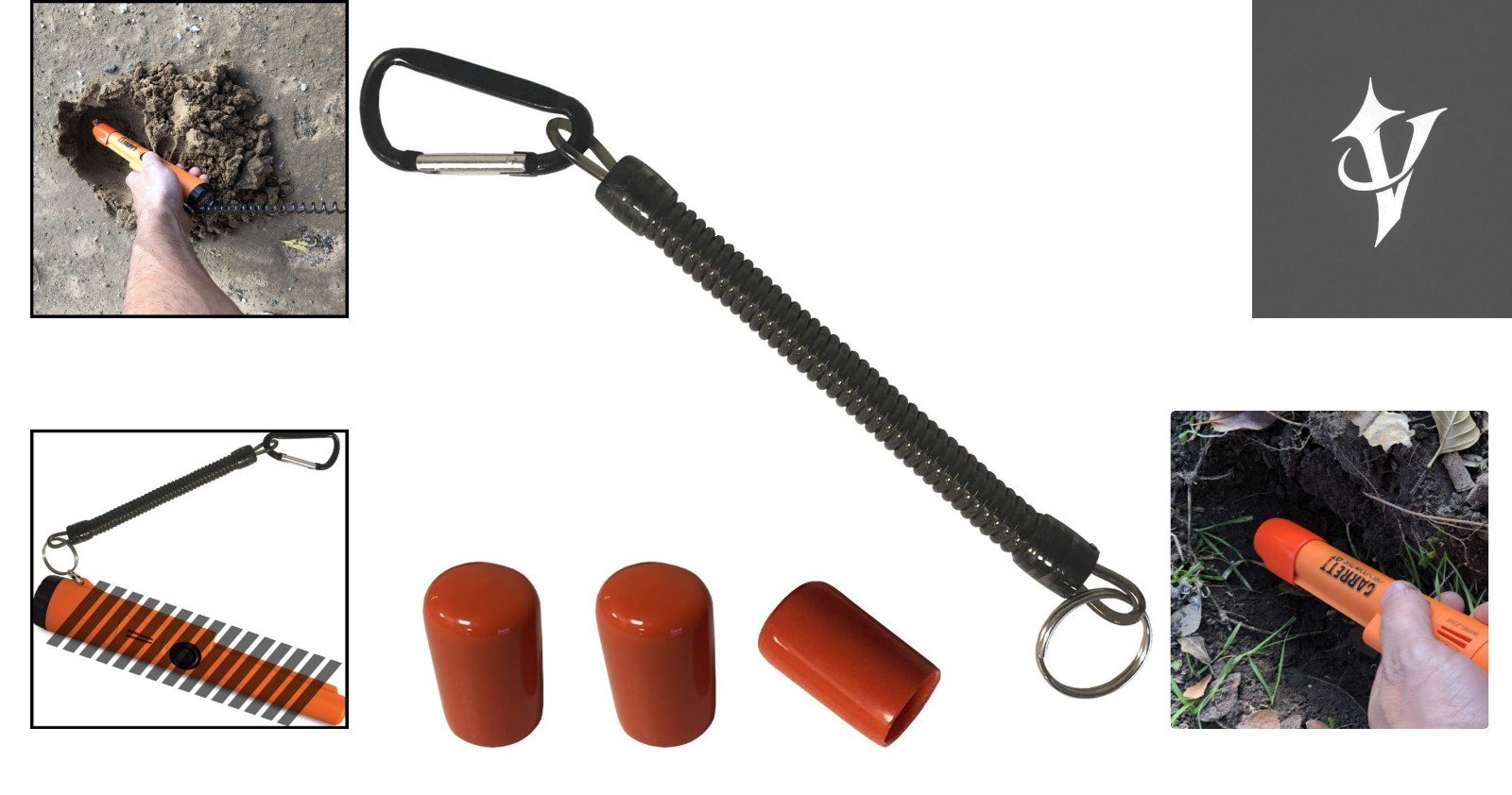 Pinpointer Protection Set: 3 Orange Tip Covers & Grey Lanyard for Garrett Models
