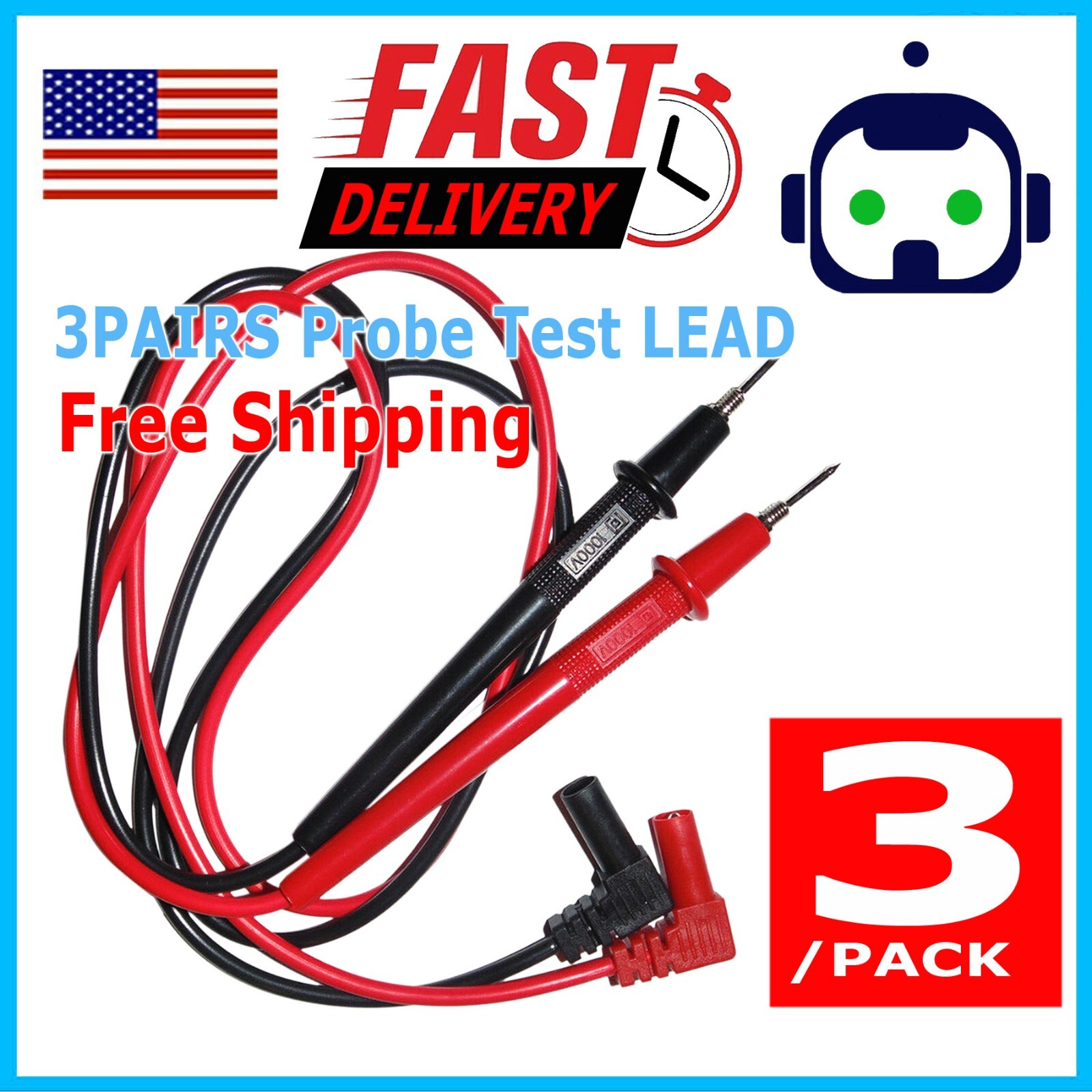 3 Pairs Multimeter Voltmeter Test Probe Leads with Banana Plug Connectors 1000V