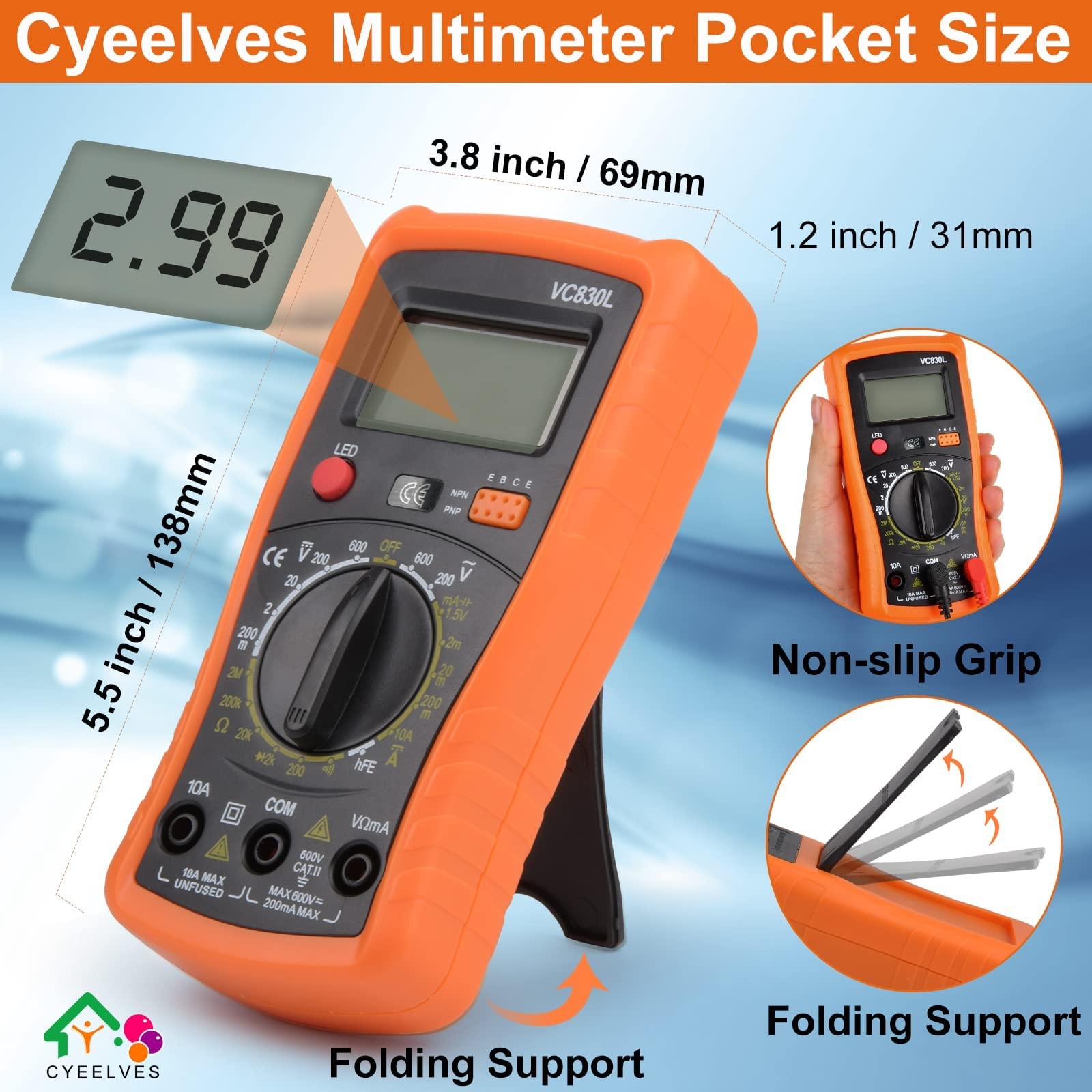 Digital Multimeter, Multimeter with AC DC 5.3 X 2.7 X 1.2 inches, Orange