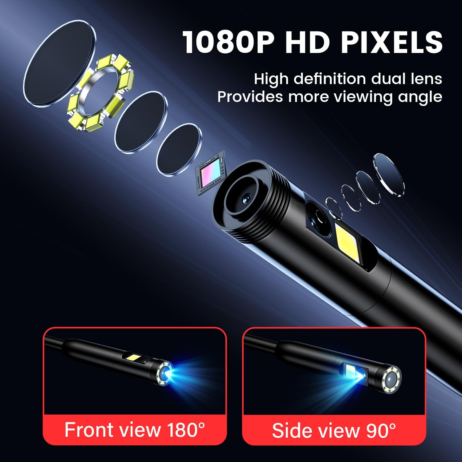 1080P Dual-Lens Industrial Endoscope Camera 16.4ft Waterproof Sewer Borescope