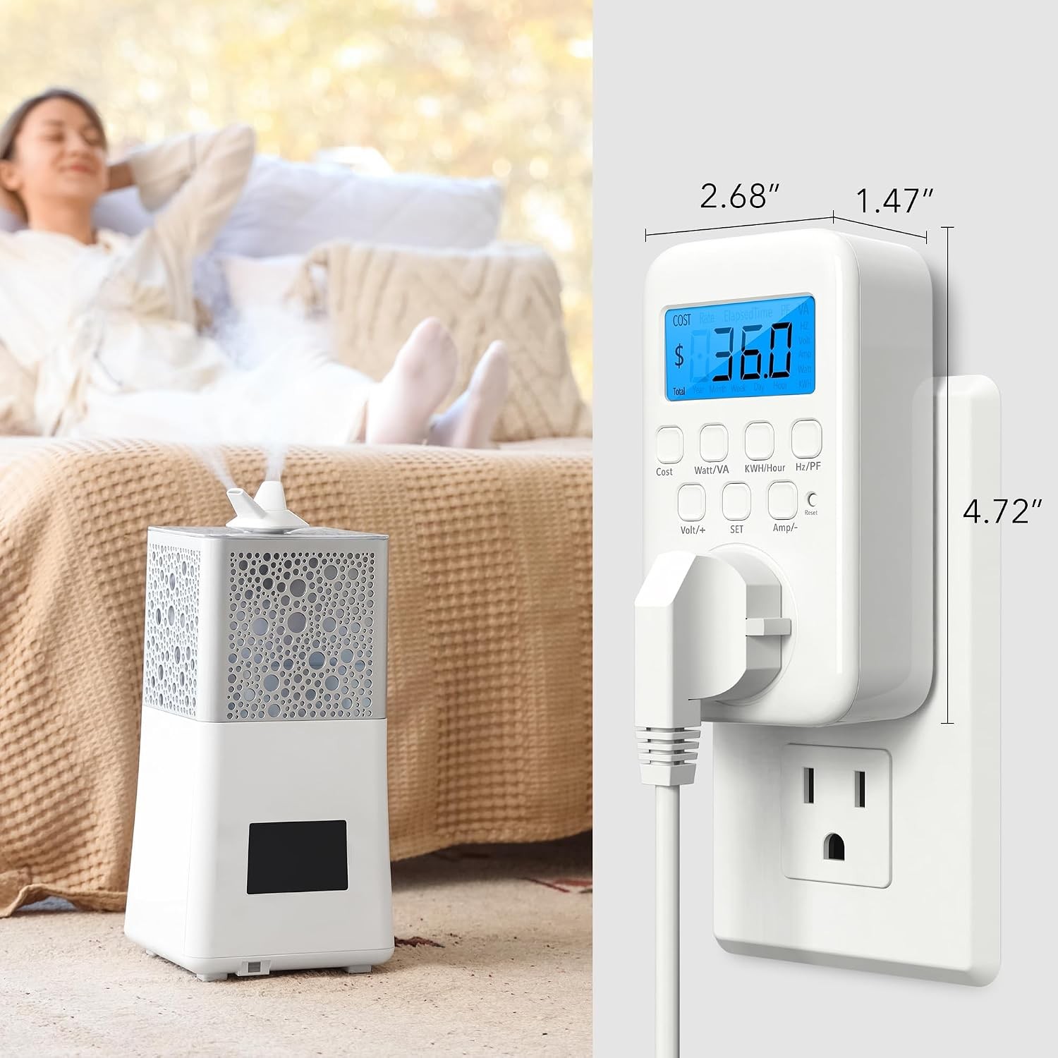 Watt Meter Plug with Backlight, Plug-In Socket Power Meter Electricity Usage Mon