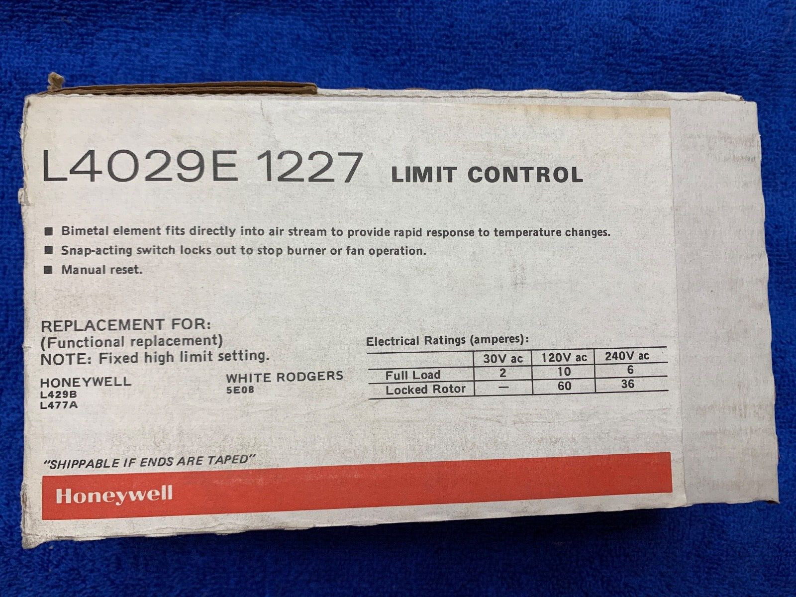 NEW Honeywell Limit Control Manual Reset L4029E 1227