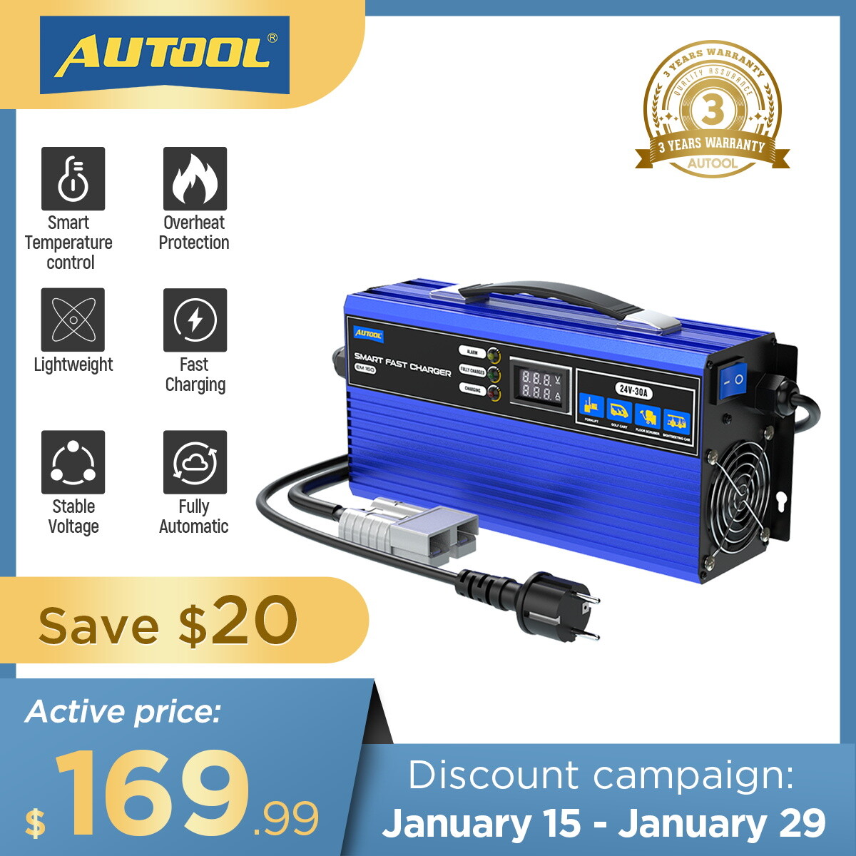 24V Golf Cart Battery Charger Fully-Automatic Smart Charger Forklift Golf Cart