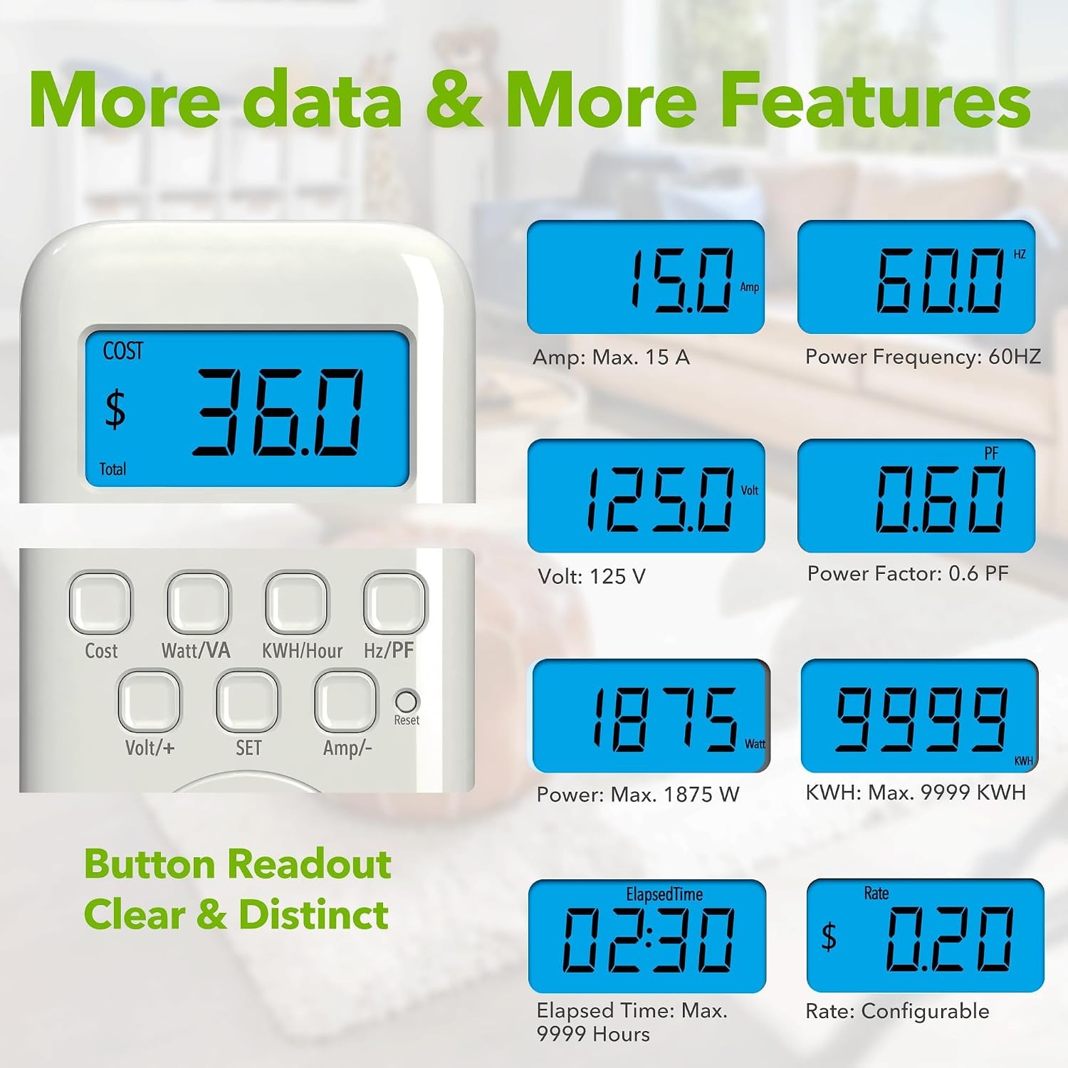 Watt Meter Plug with Backlight, Plug-In Socket Power Meter Electricity Usage Mon