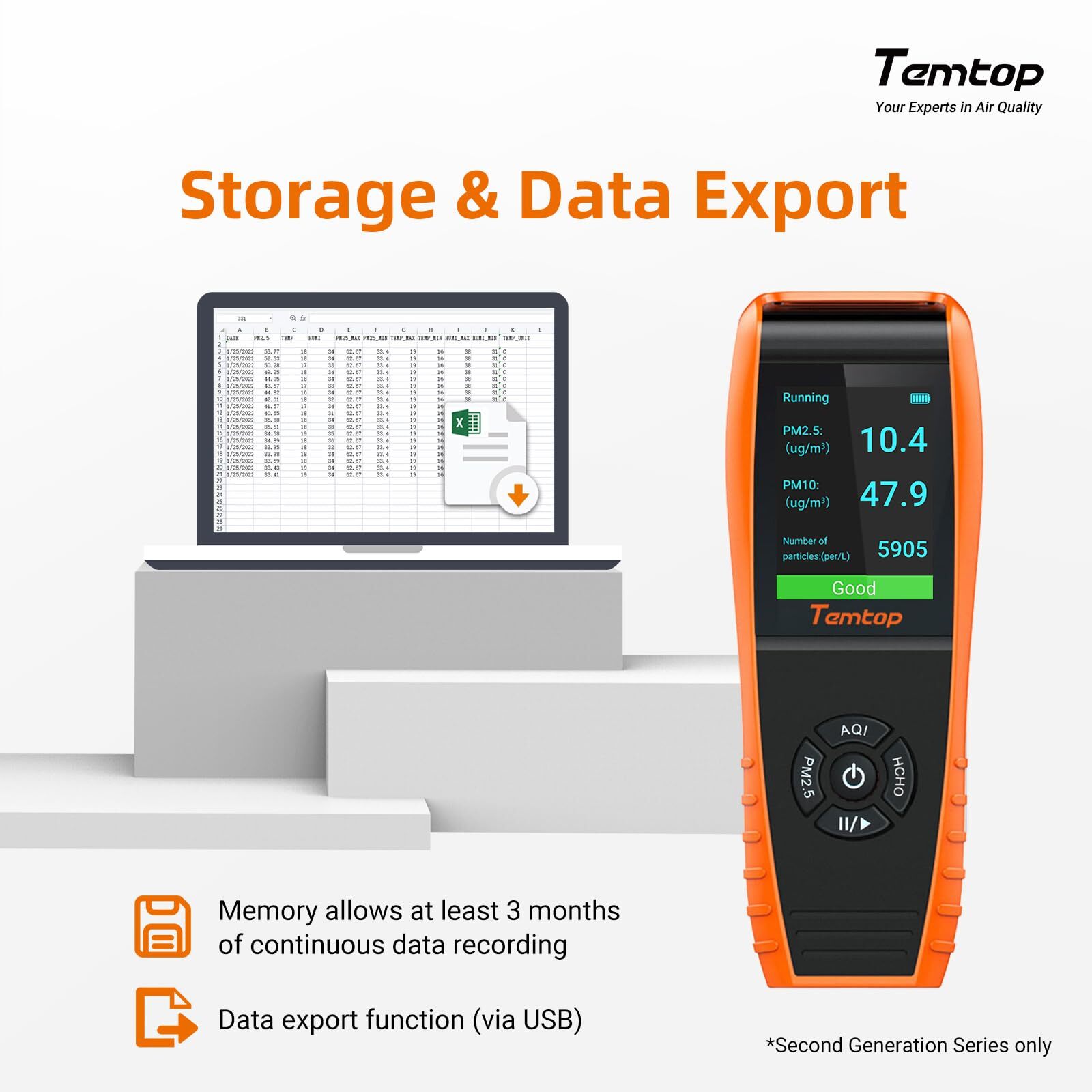 Temtop 8-in-1 Air Quality Monitor Detector PM2.5/10/AQI/HCHO T&H, LKC-1000S+2ND