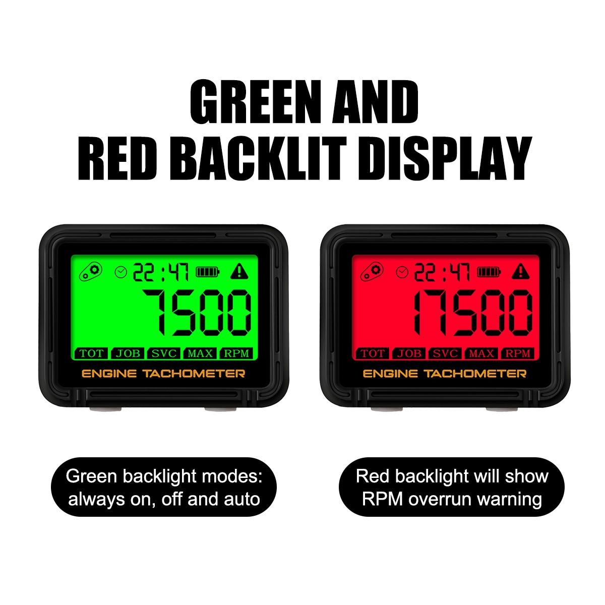 Digital Tachometer Hour Meter Waterproof IP68 RPM Alert 0-18000 LCD Backlight