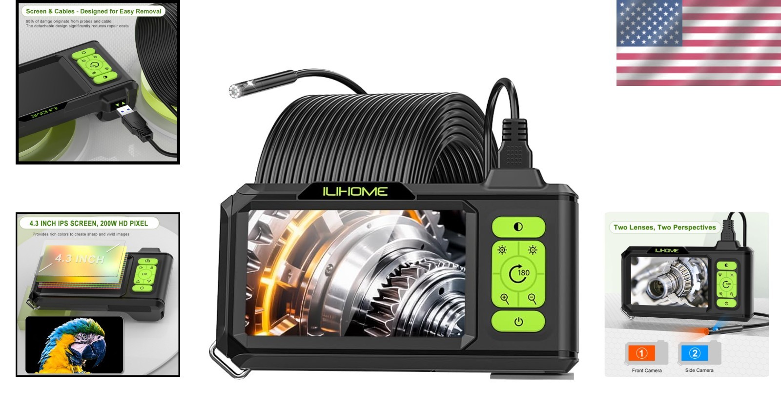 Dual Lens 1080P Industrial Endoscope with 4.3” IPS Screen & Waterproof Design