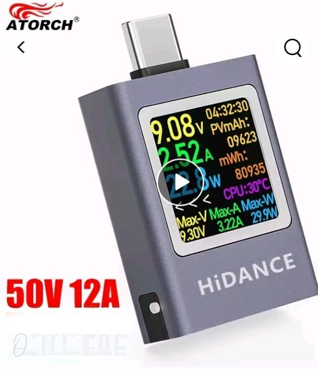 ATORCH HIDANCE USB-C USB Power Meter Tester Display 50V 12A